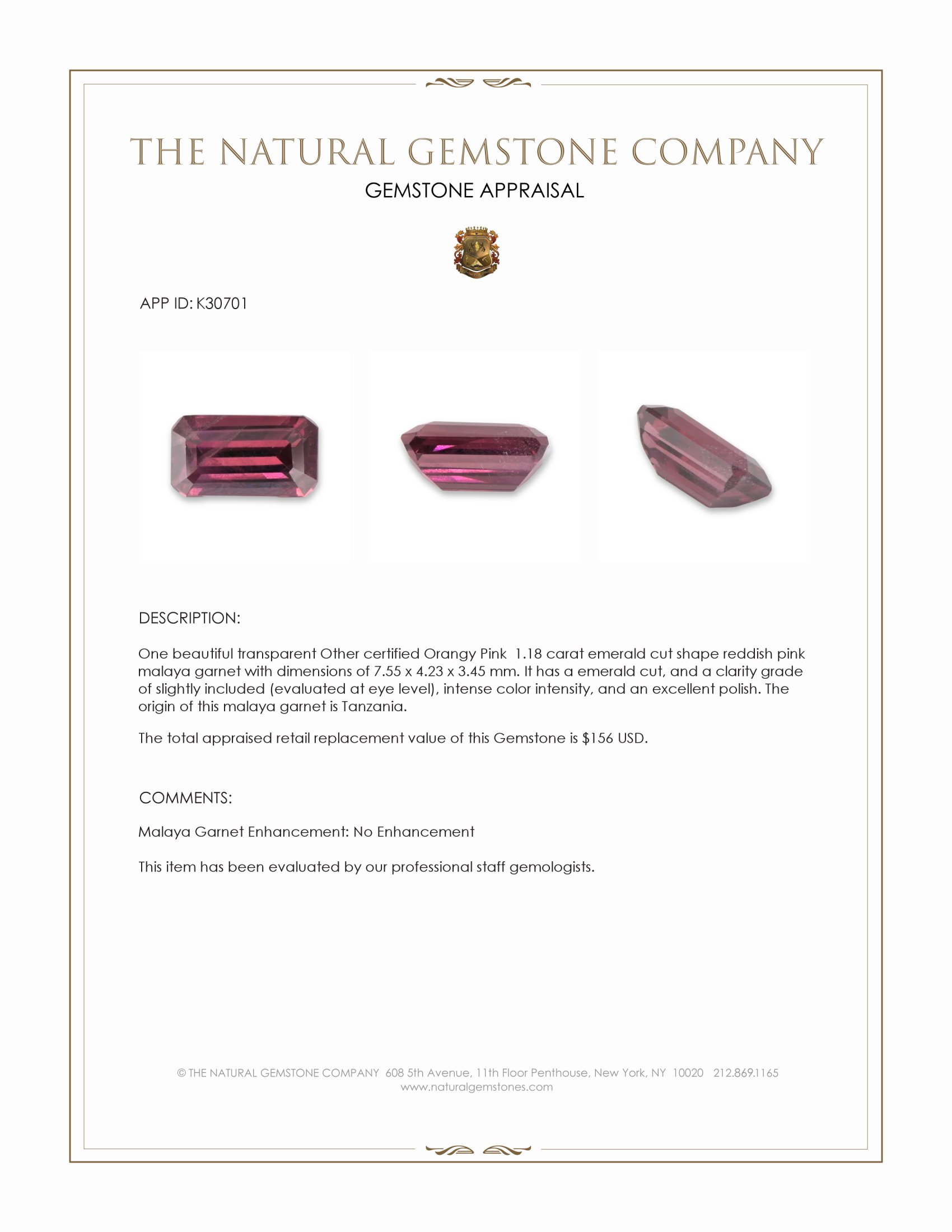 1.18 Ct. Reddish Pink Malaya Garnet from Tanzania