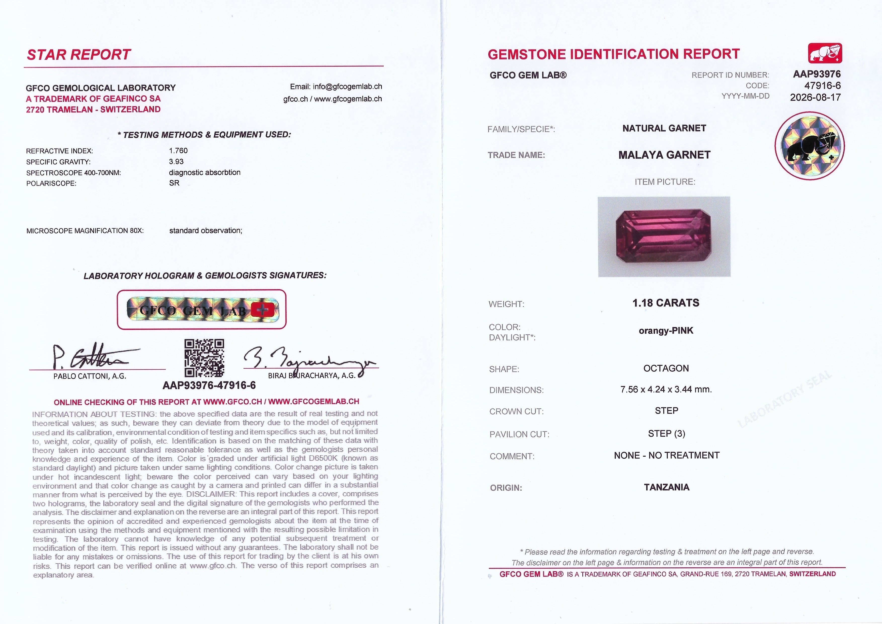 1.18 Ct. Reddish Pink Malaya Garnet from Tanzania