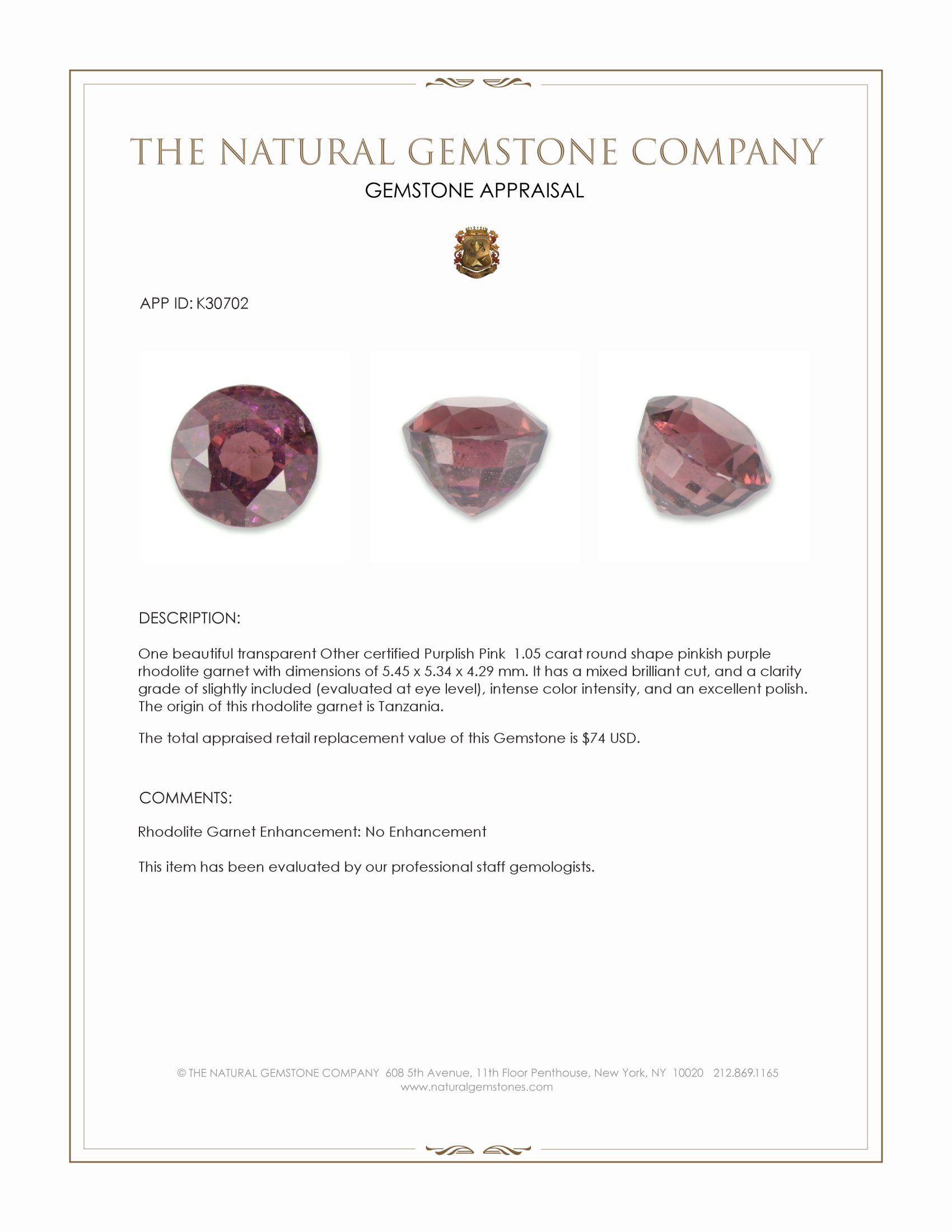 1.05 Ct. Pinkish Purple Rhodolite Garnet from Tanzania