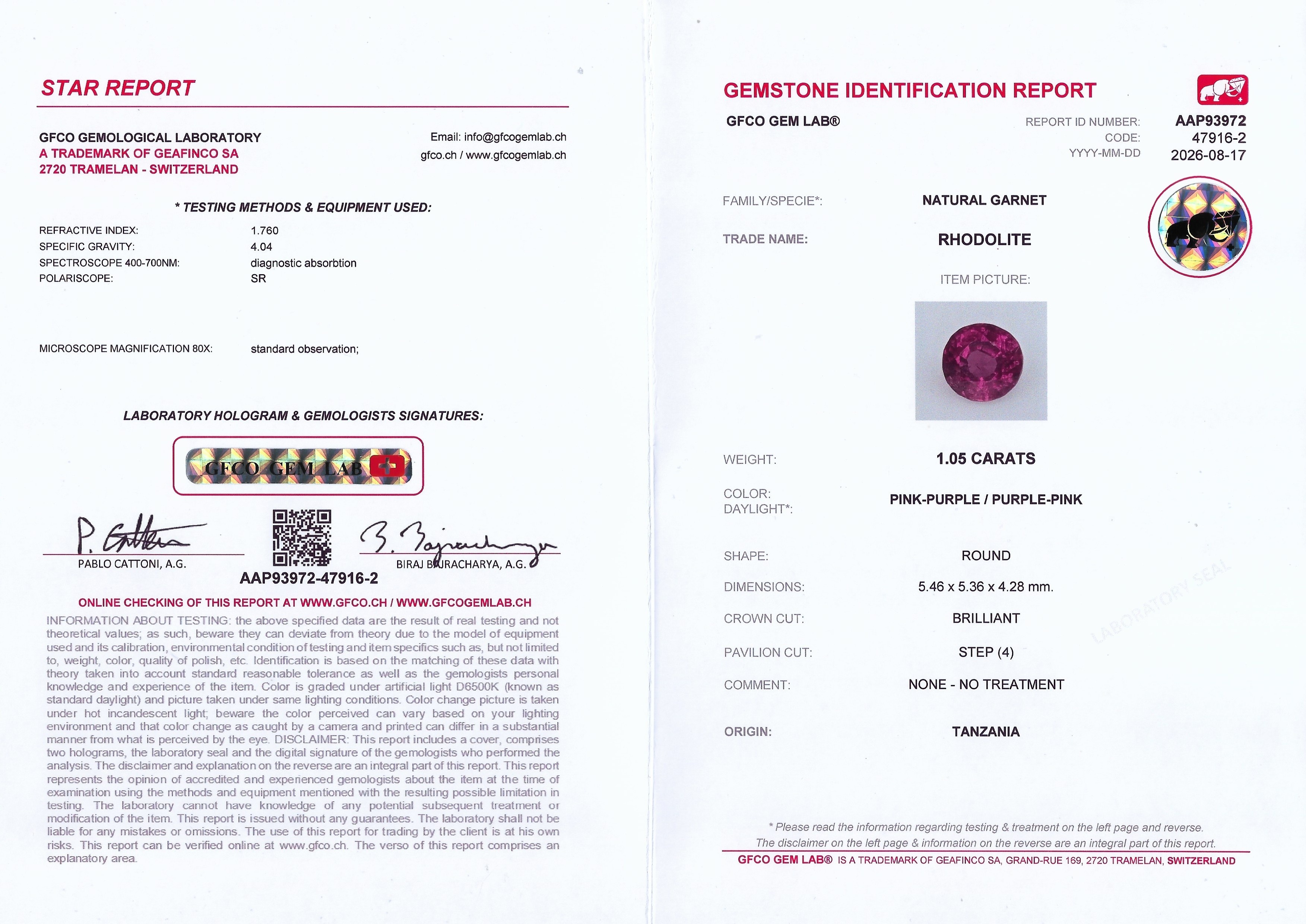 1.05 Ct. Pinkish Purple Rhodolite Garnet from Tanzania