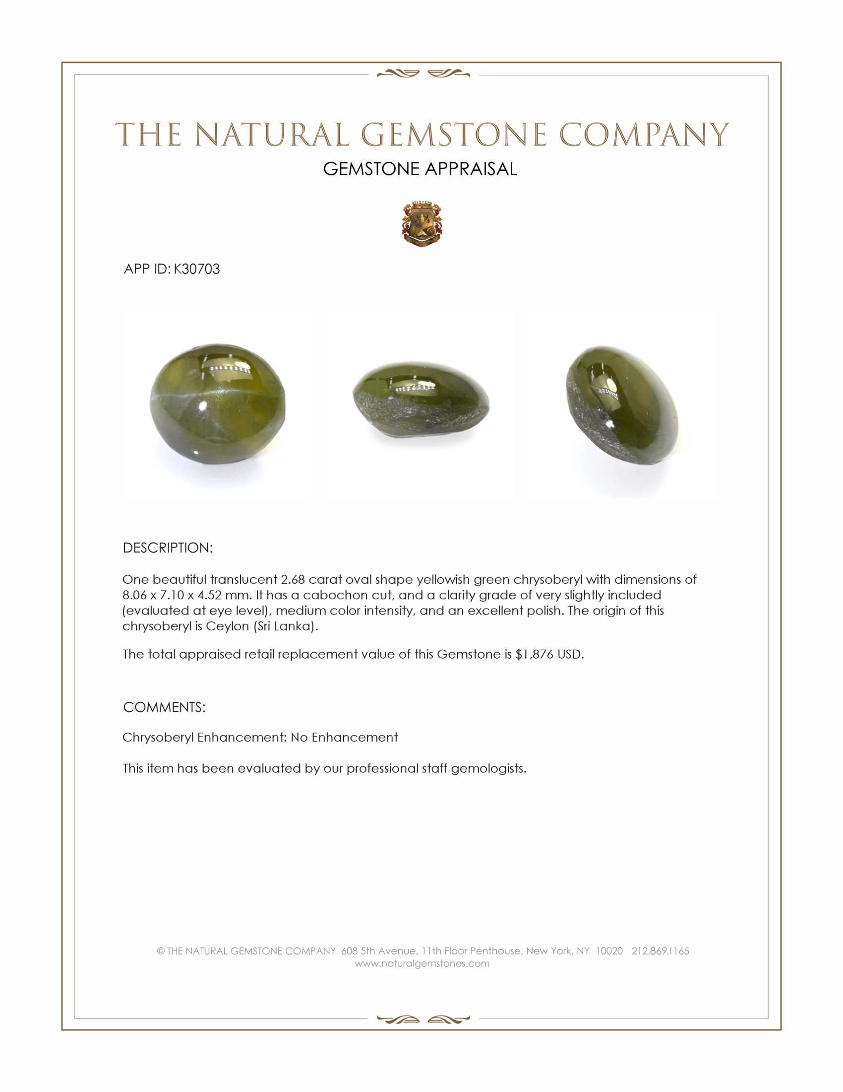 2.68 Ct. Yellowish Green Cabochon Chrysoberyl from Ceylon (Sri Lanka)