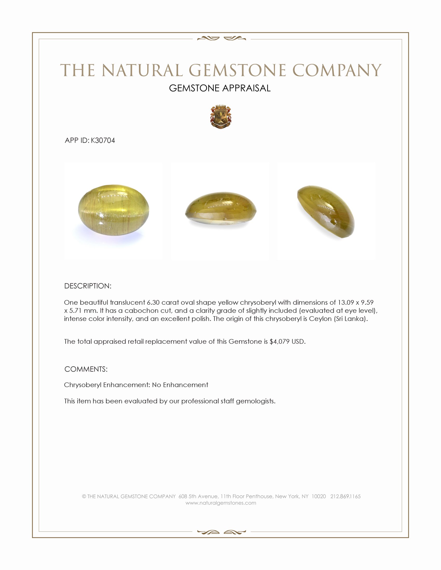 6.30 Ct. Yellow Cabochon Chrysoberyl from Ceylon (Sri Lanka)