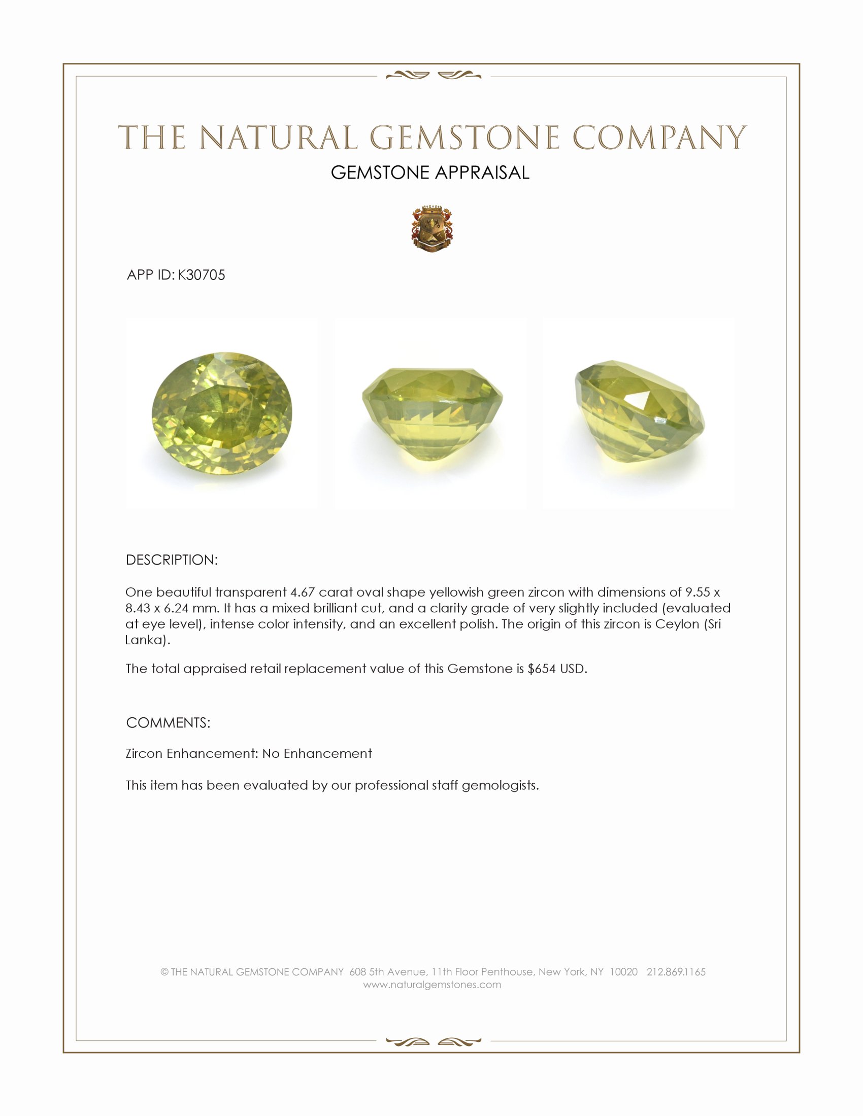 4.67 Ct. Yellowish Green Zircon from Ceylon (Sri Lanka)