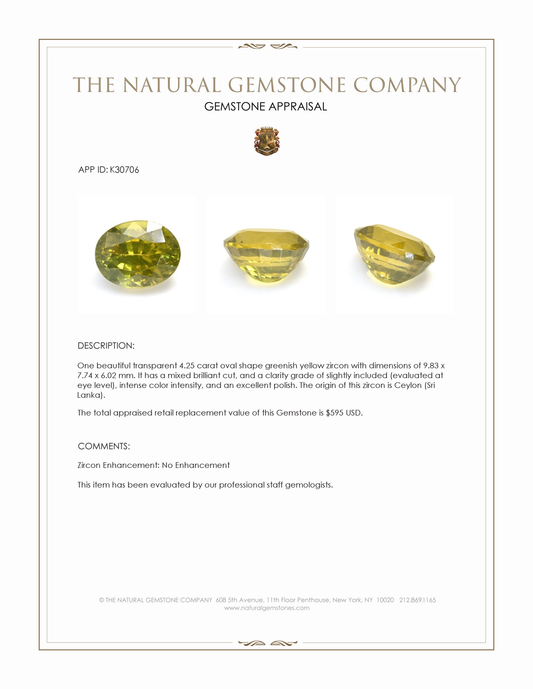 4.25 Ct. Greenish Yellow Zircon from Ceylon (Sri Lanka)