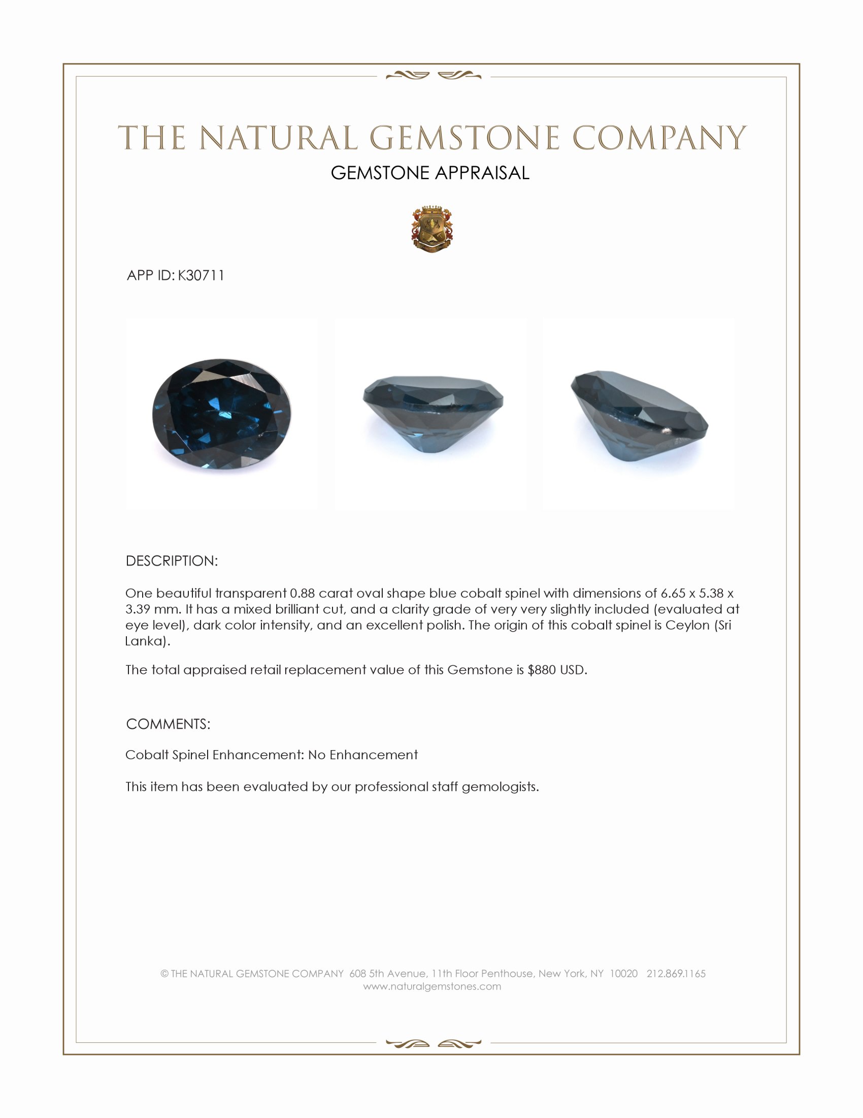 0.88 Ct. Blue Cobalt Spinel from Ceylon (Sri Lanka)