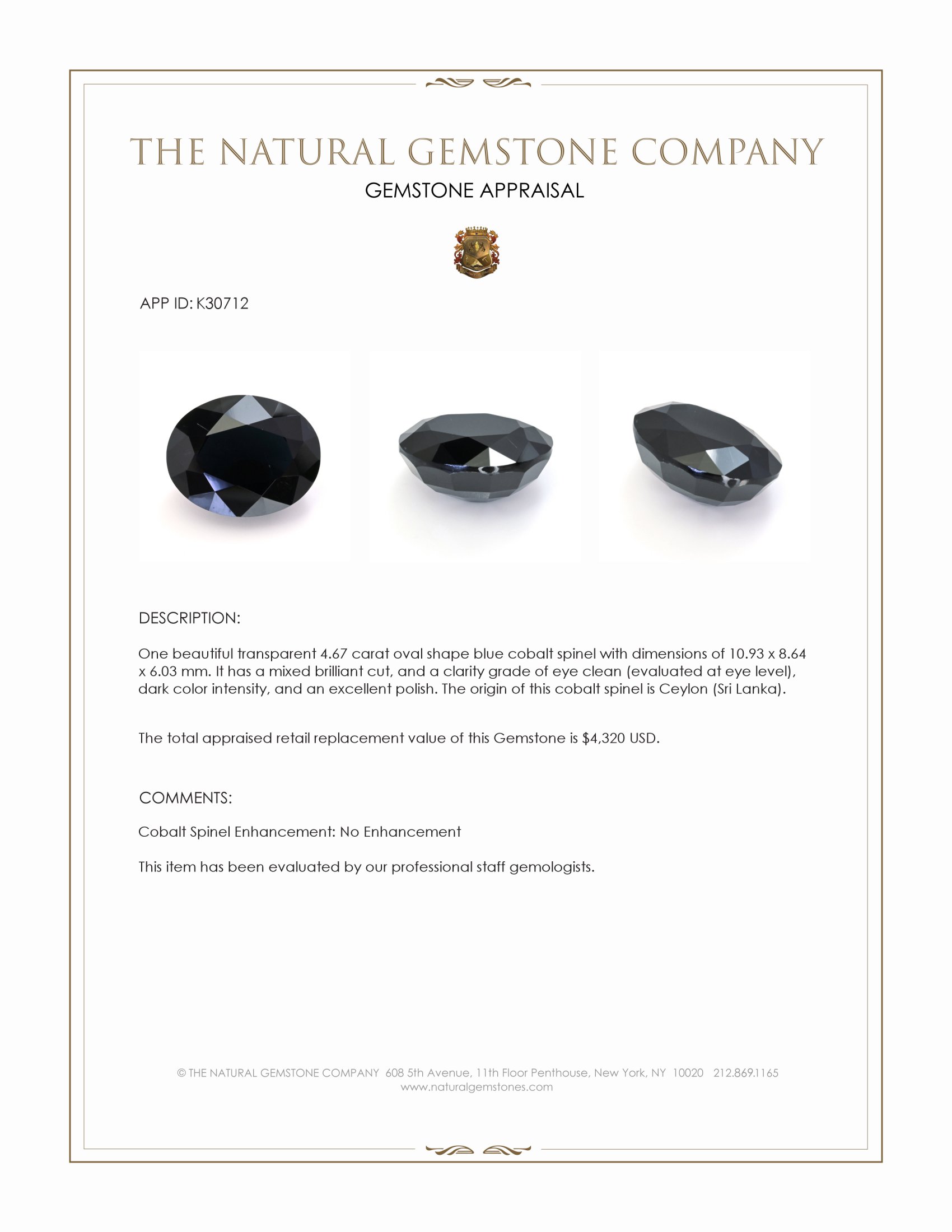 4.67 Ct. Blue Cobalt Spinel from Ceylon (Sri Lanka)