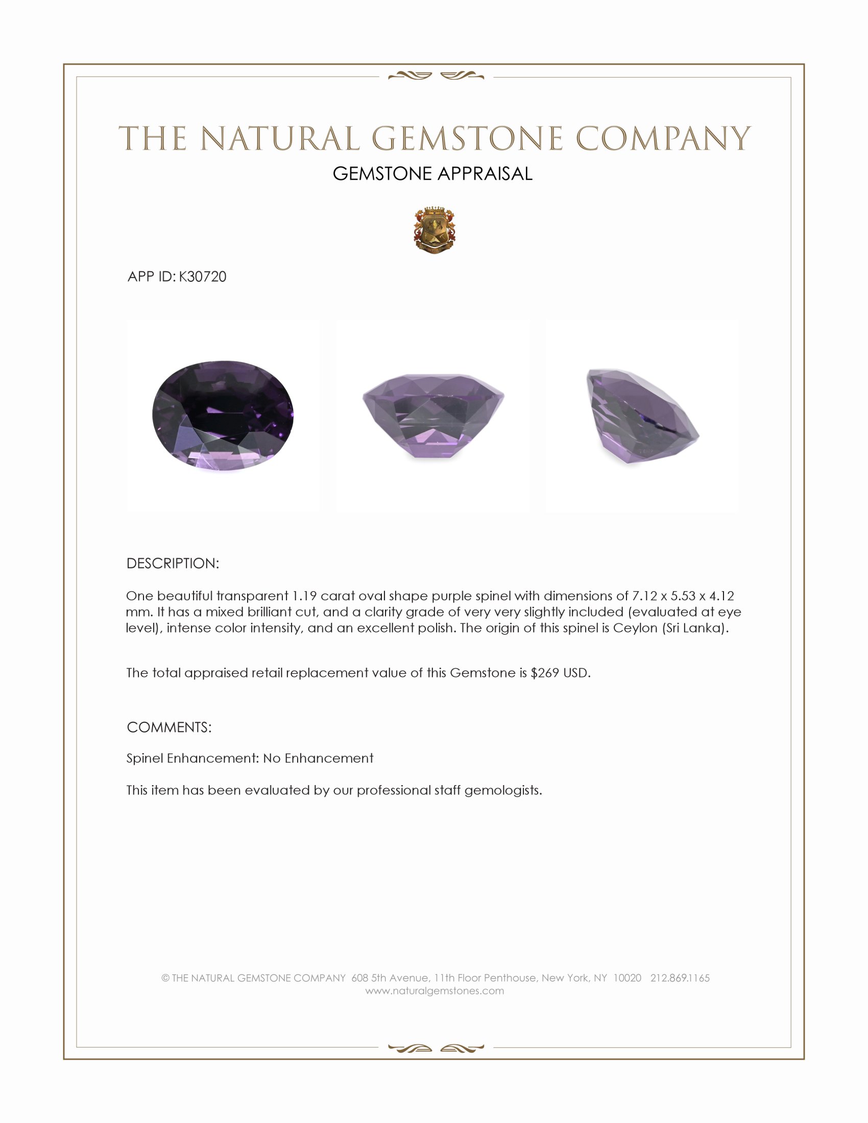 1.19 Ct. Purple Spinel from Ceylon (Sri Lanka)
