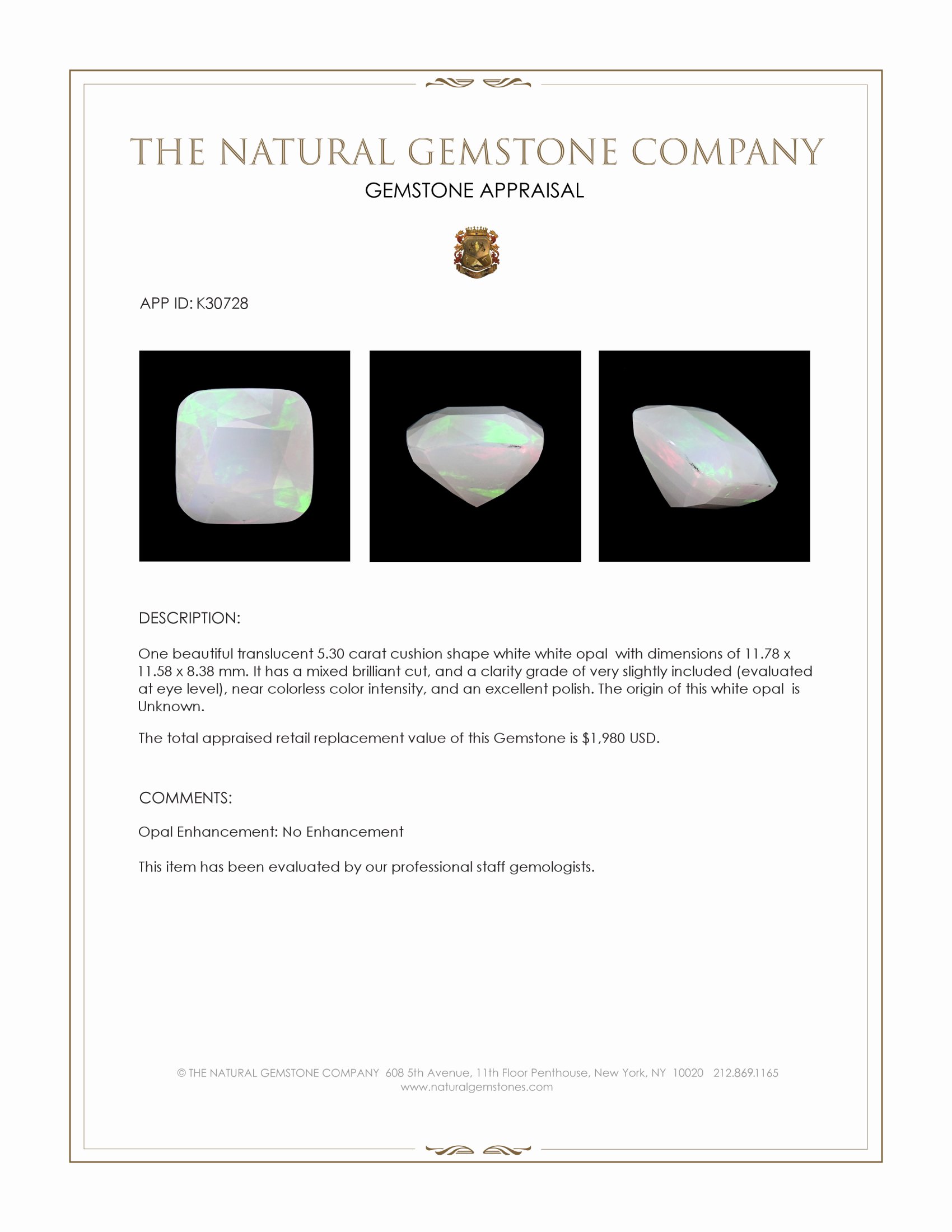 5.30 Ct. White White Opal (Light Opal)