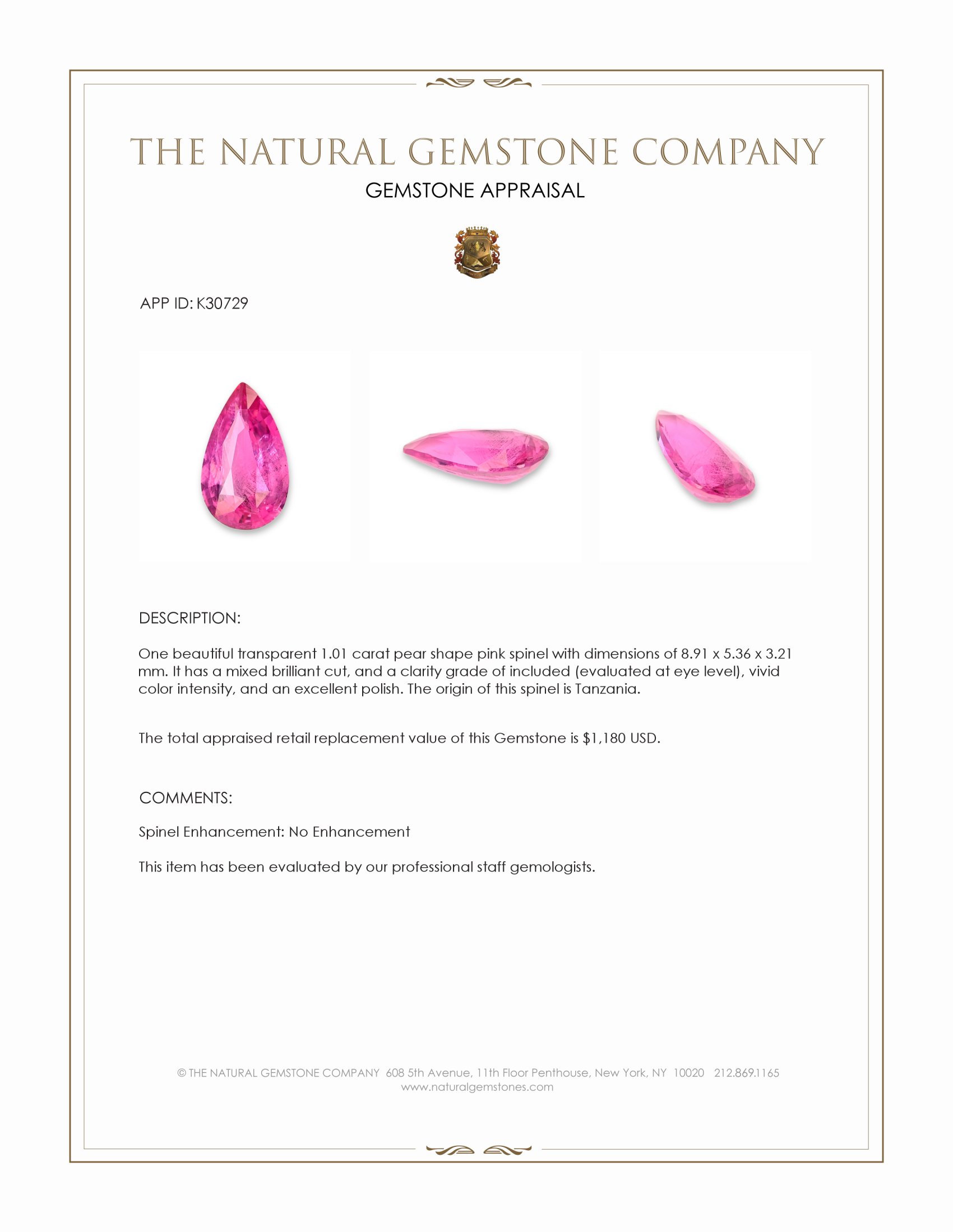 1.01 Ct. Pink Spinel from Tanzania