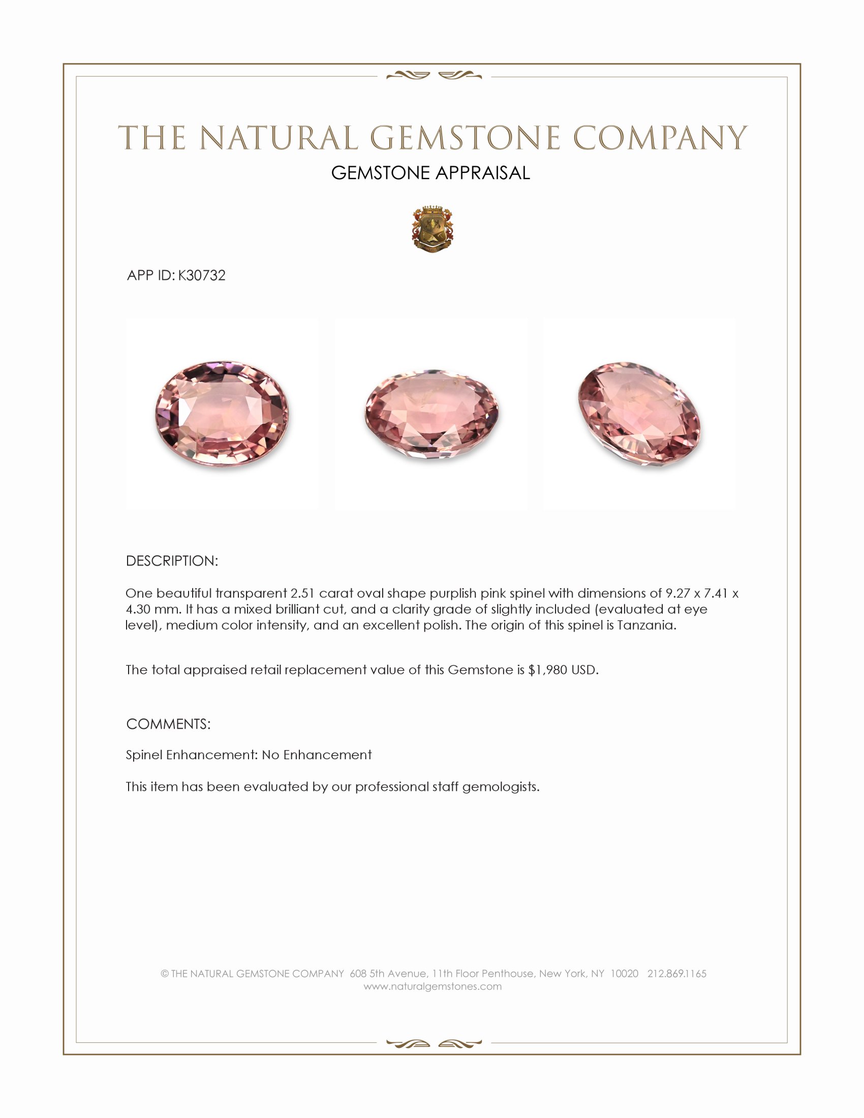 2.51 Ct. Purplish Pink Spinel from Tanzania