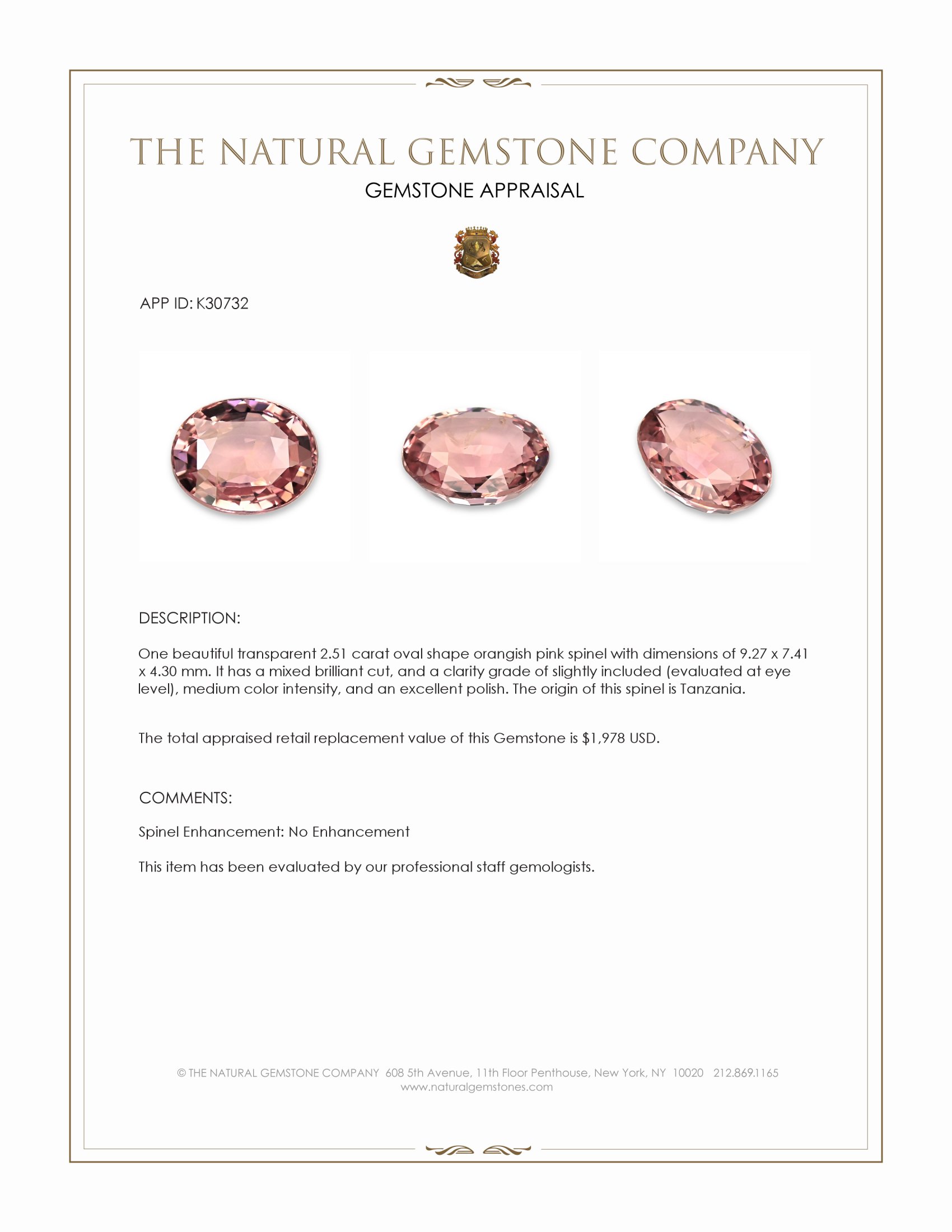2.51 Ct. Orangish Pink Spinel from Tanzania