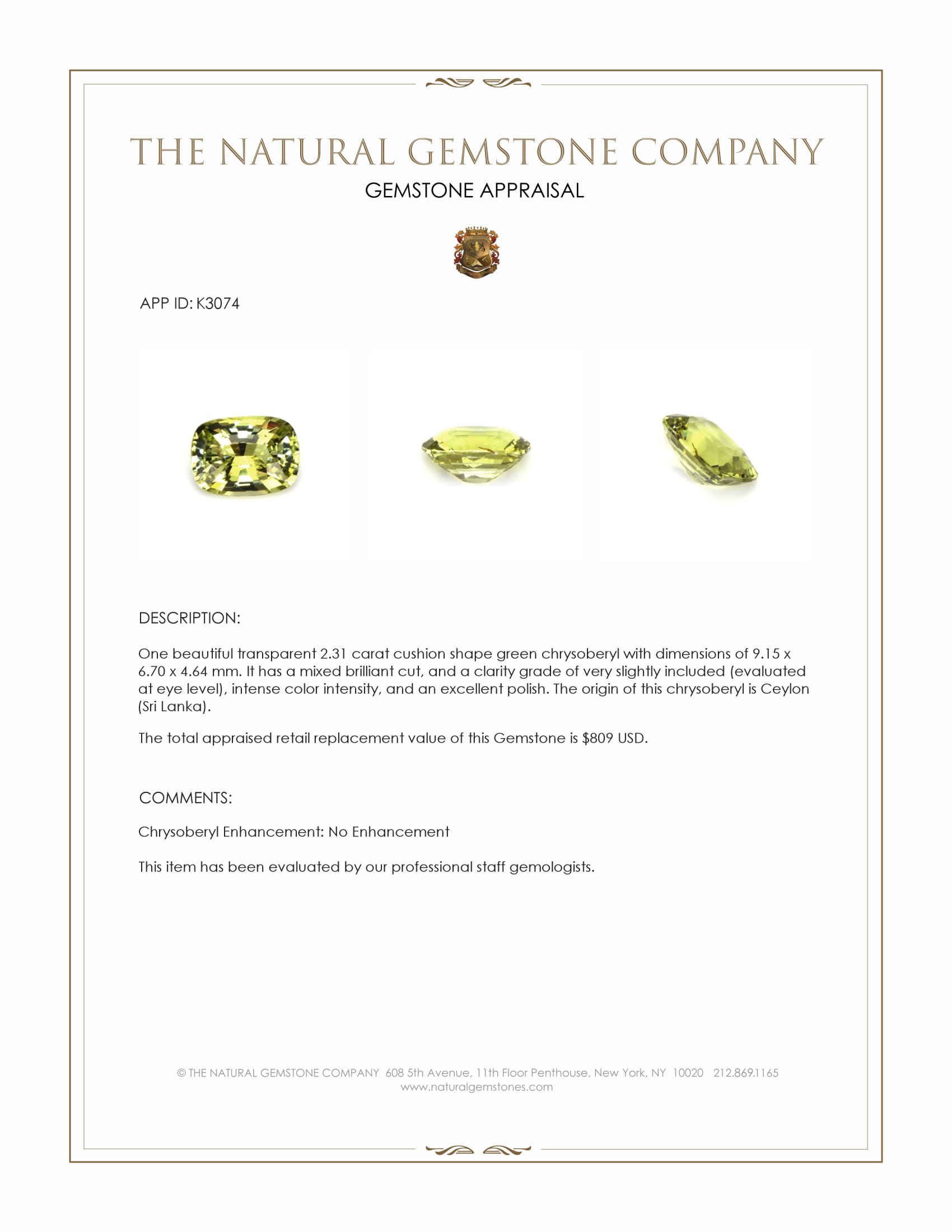 2.31 Ct. Chrysoberyl from Ceylon (Sri Lanka)