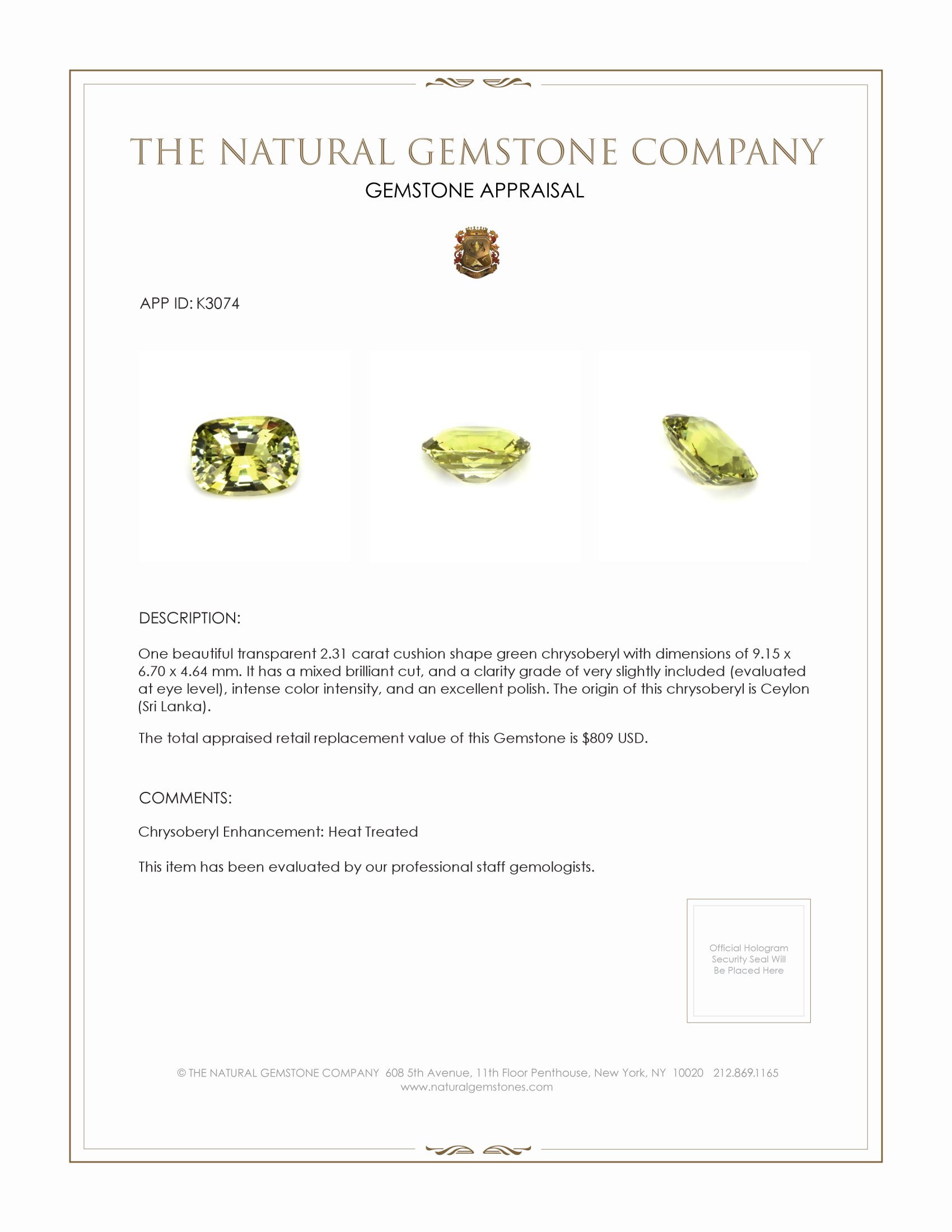 2.31 Ct. Chrysoberyl from Ceylon (Sri Lanka)