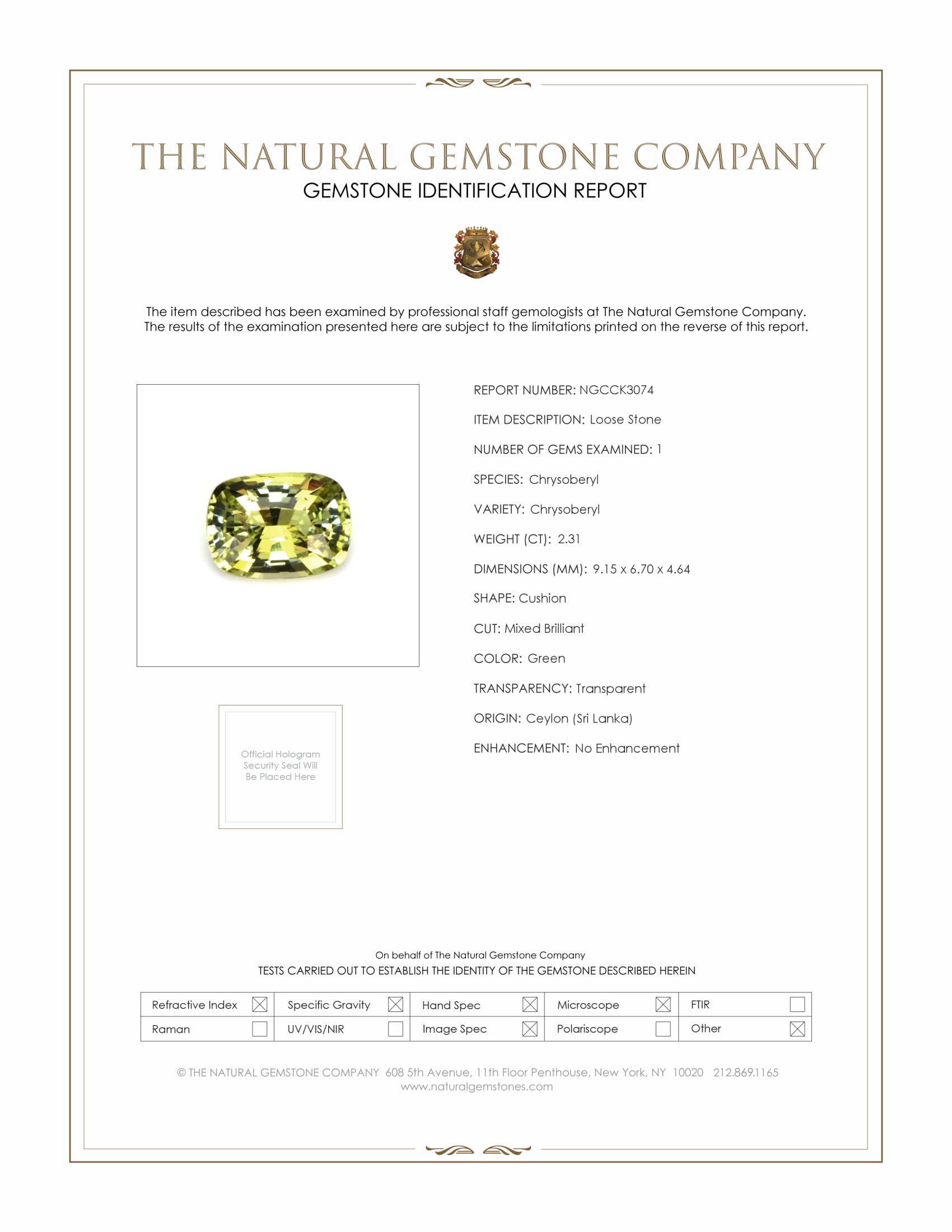 2.31 Ct. Green Chrysoberyl from Ceylon (Sri Lanka)