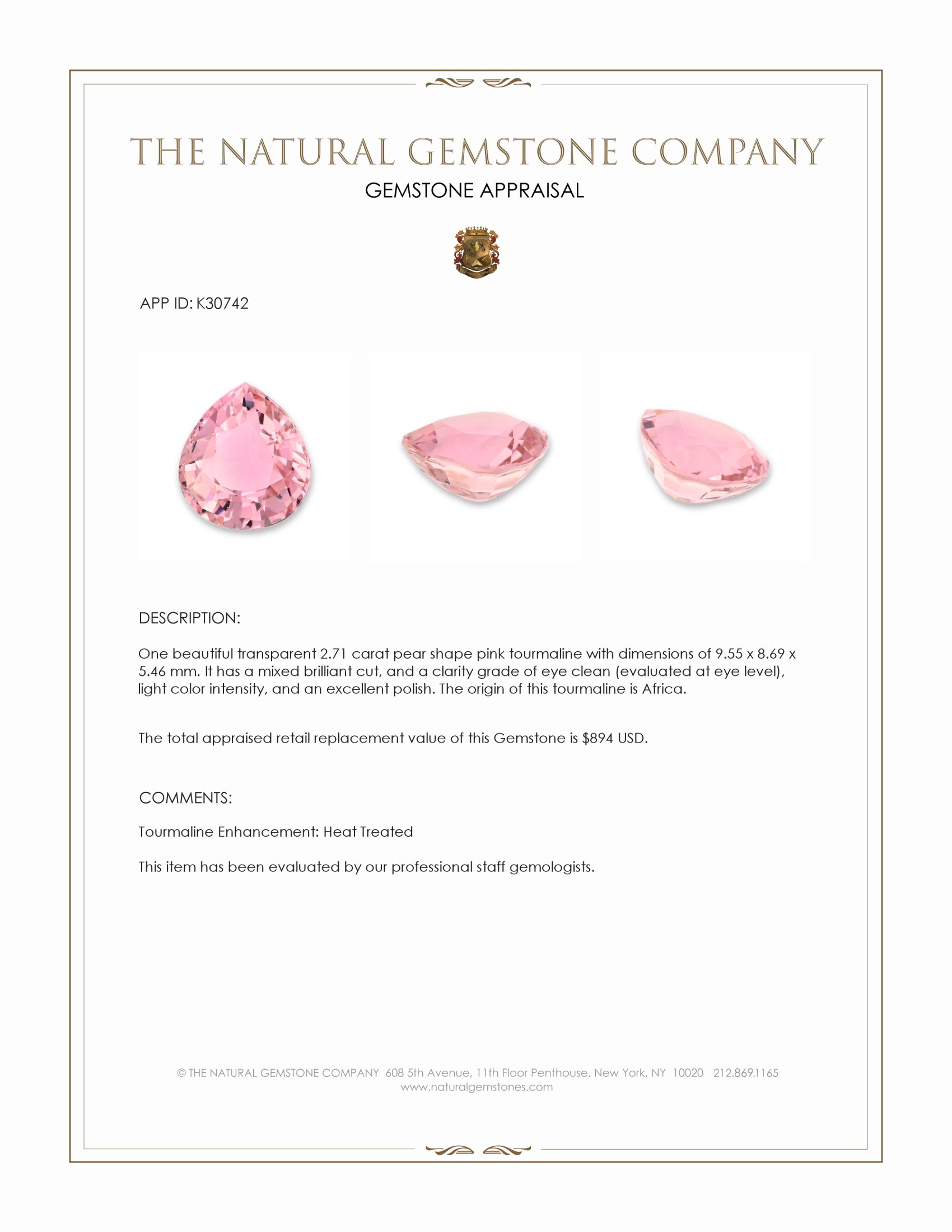 2.71 Ct. Pink Tourmaline from Africa