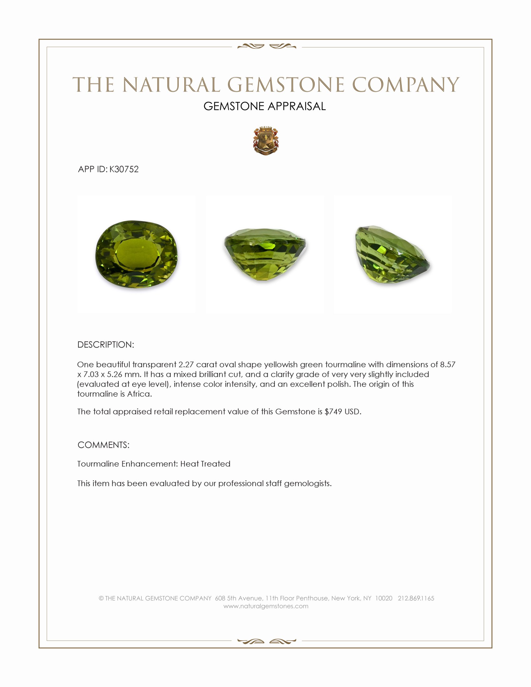 2.27 Ct. Yellowish Green Tourmaline from Africa