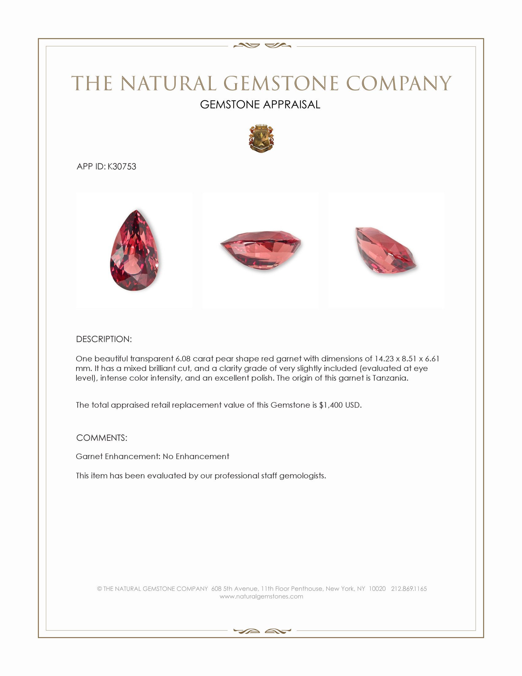 6.08 Ct. Red Garnet from Tanzania