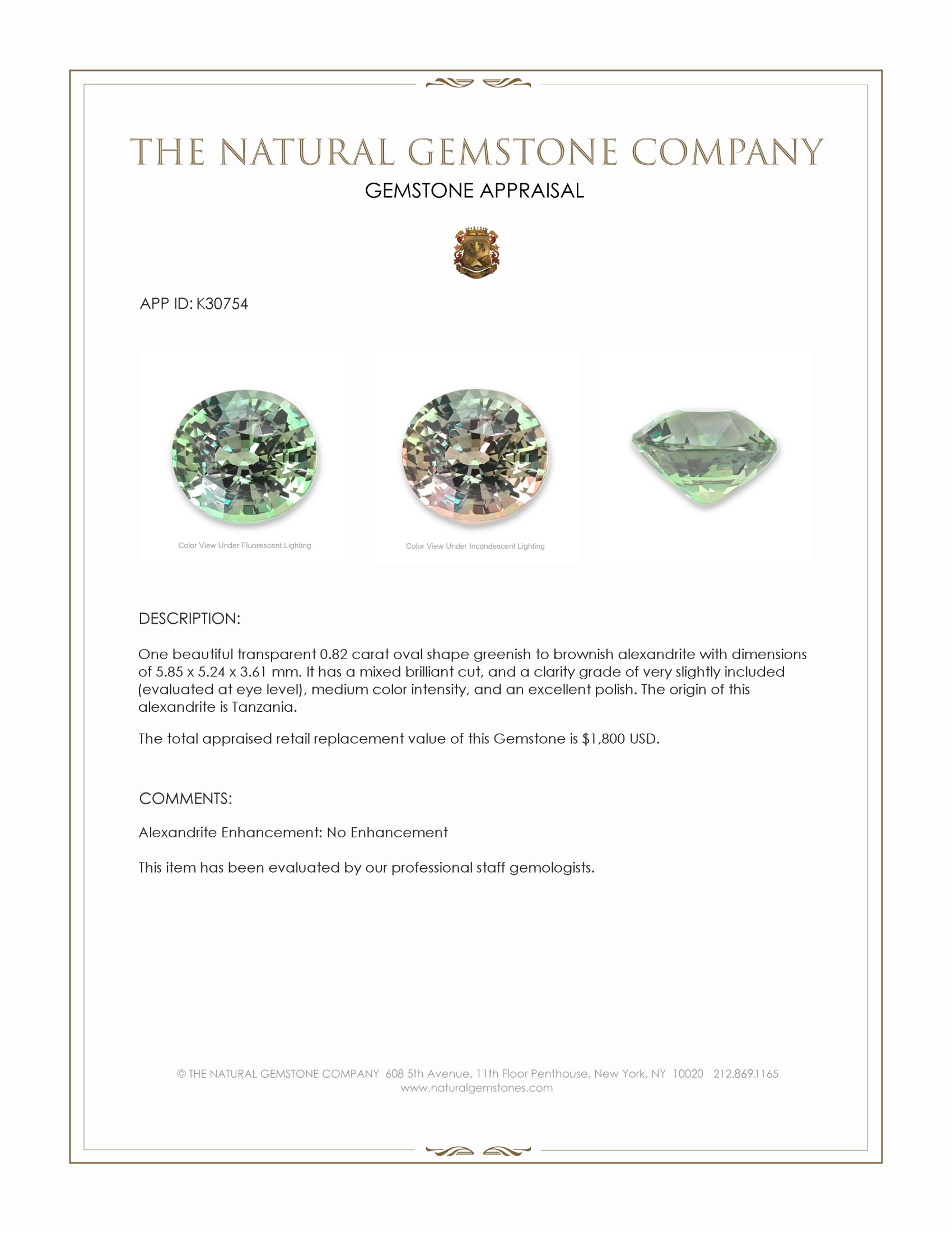 0.82 Ct. Alexandrite from Tanzania