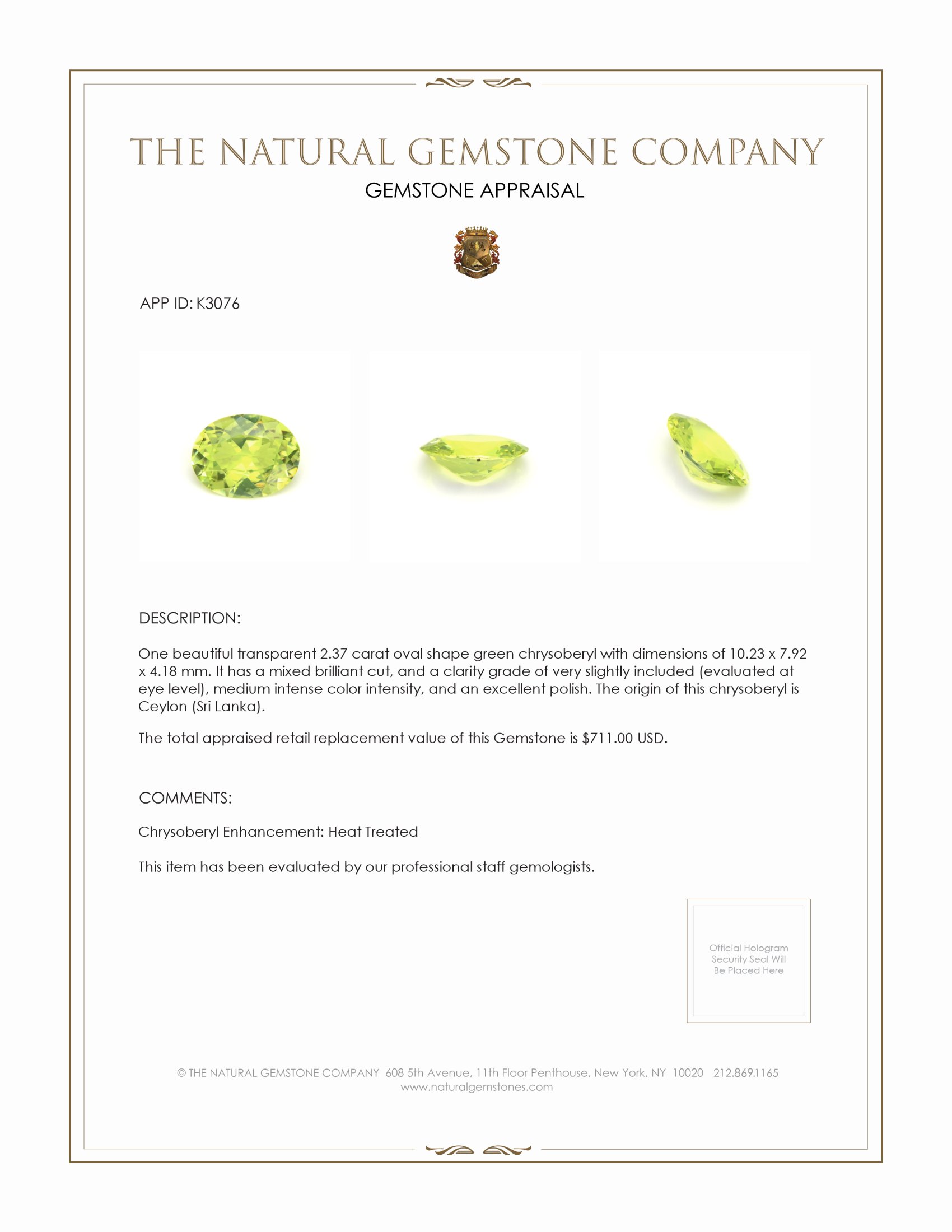 2.37 Ct. Chrysoberyl from Ceylon (Sri Lanka)