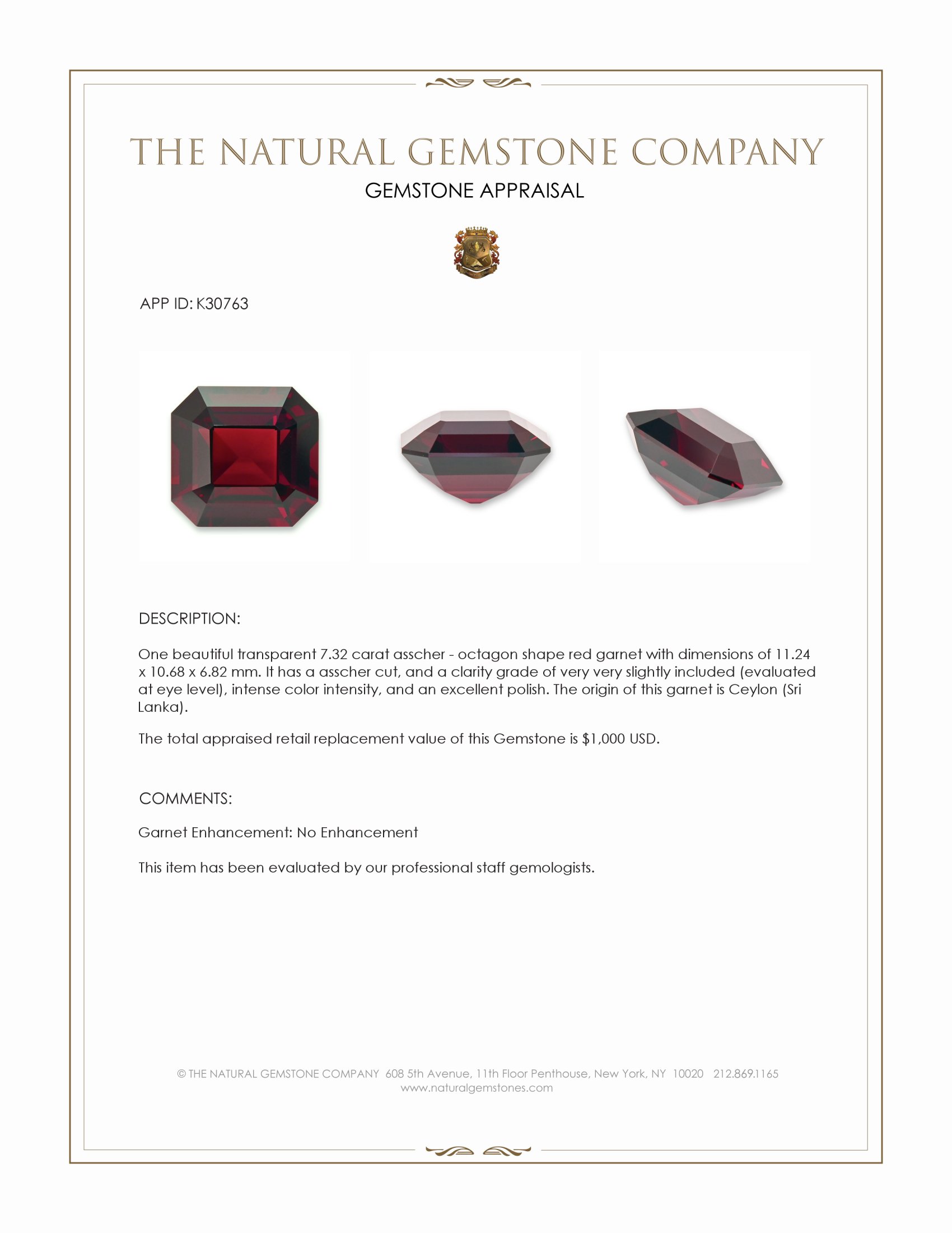 7.32 Ct. Red Garnet from Ceylon (Sri Lanka)