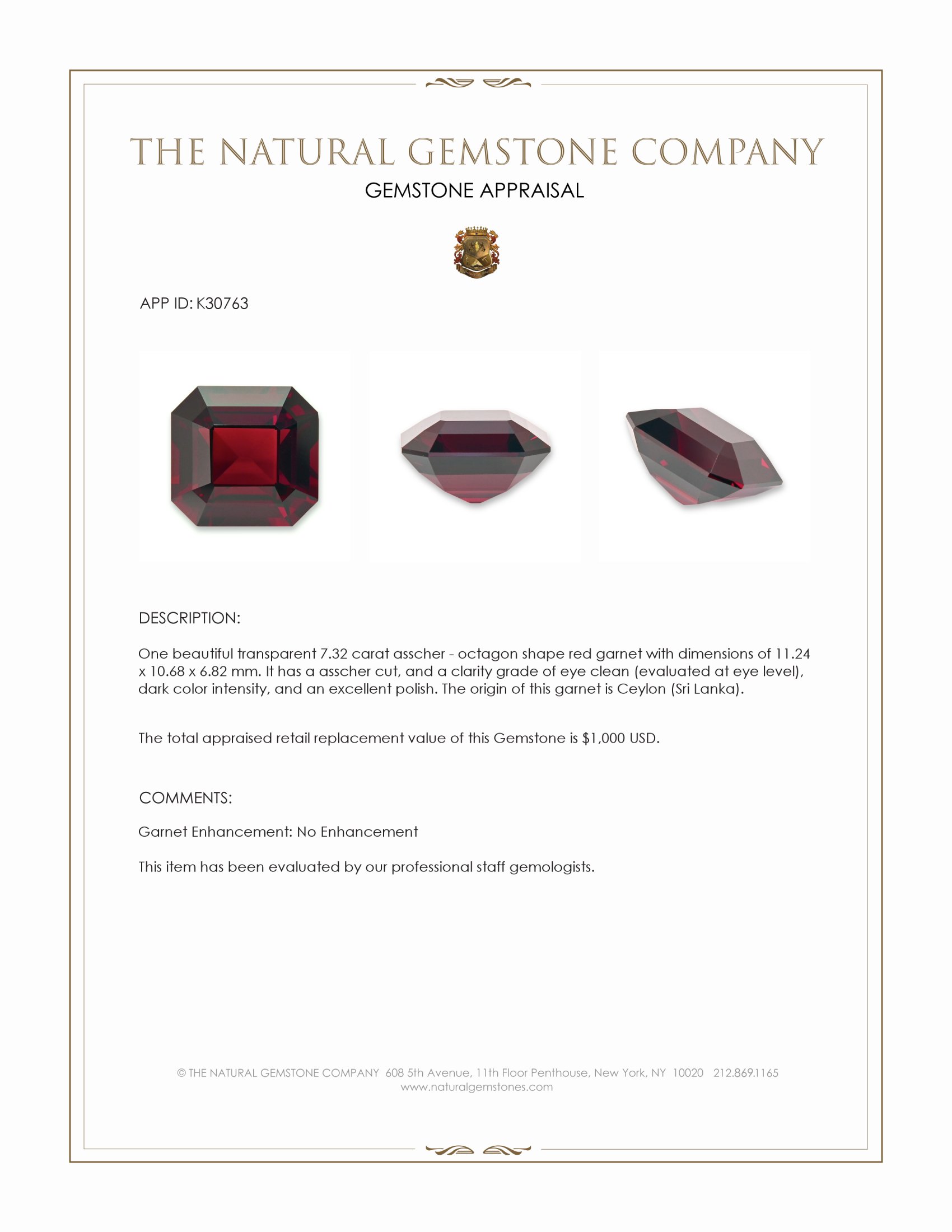 7.32 Ct. Red Garnet from Ceylon (Sri Lanka)