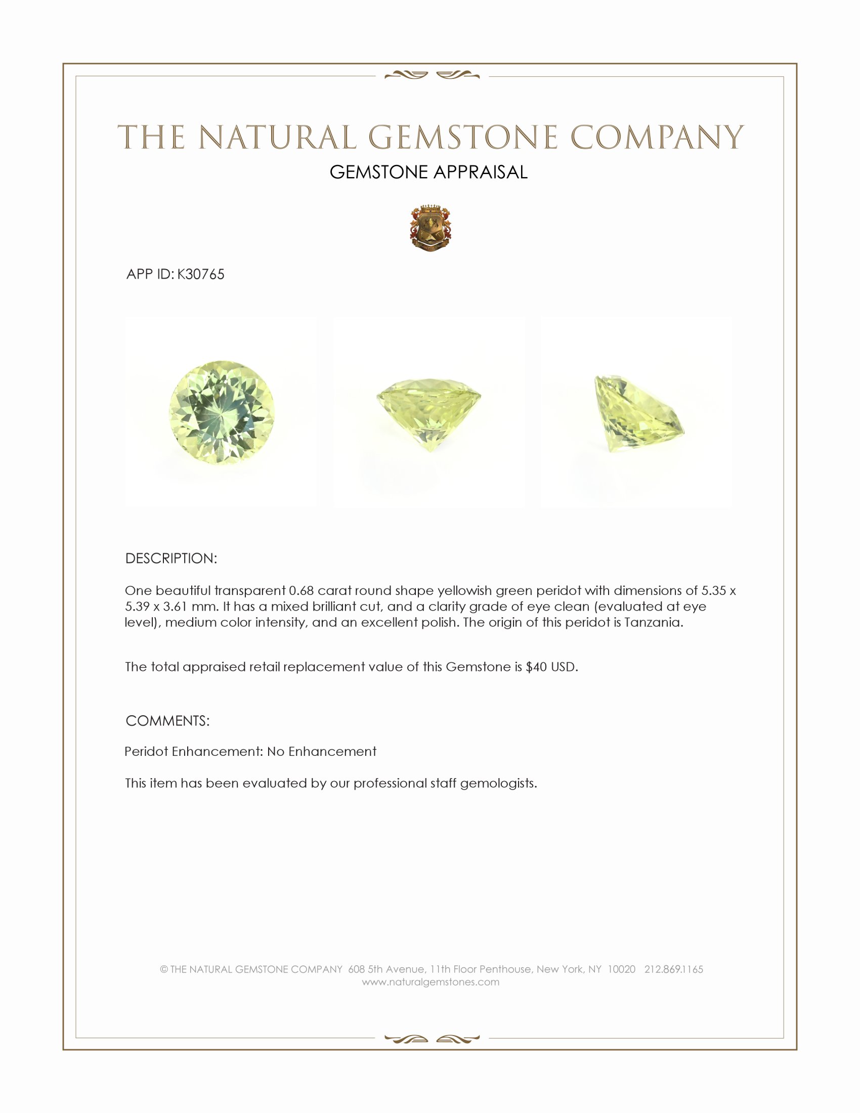 0.68 Ct. Yellowish Green Peridot from Tanzania