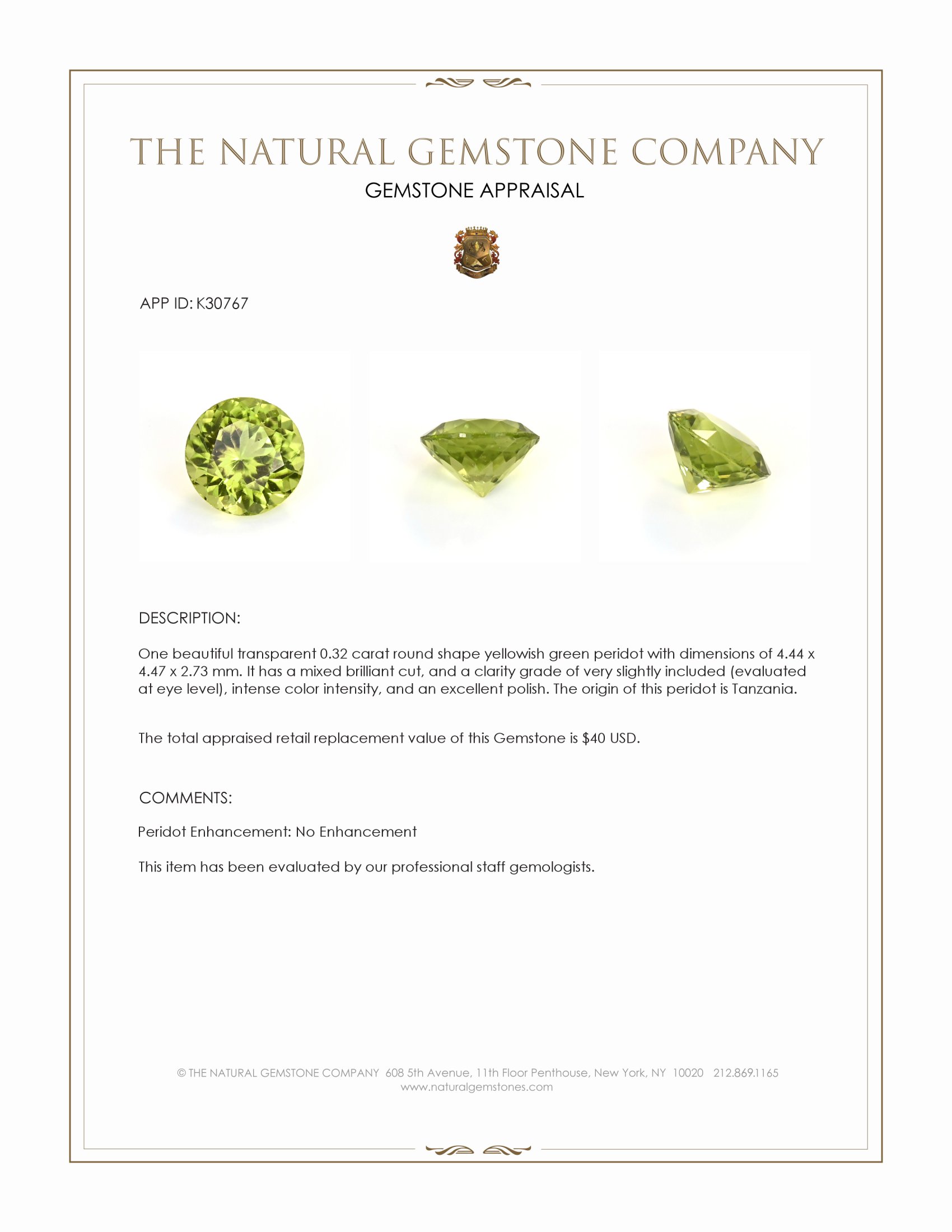 0.32 Ct. Yellowish Green Peridot from Tanzania