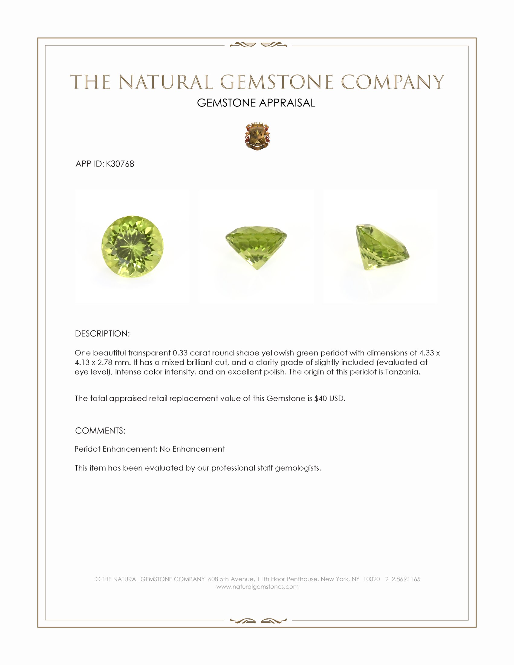 0.33 Ct. Yellowish Green Peridot from Tanzania