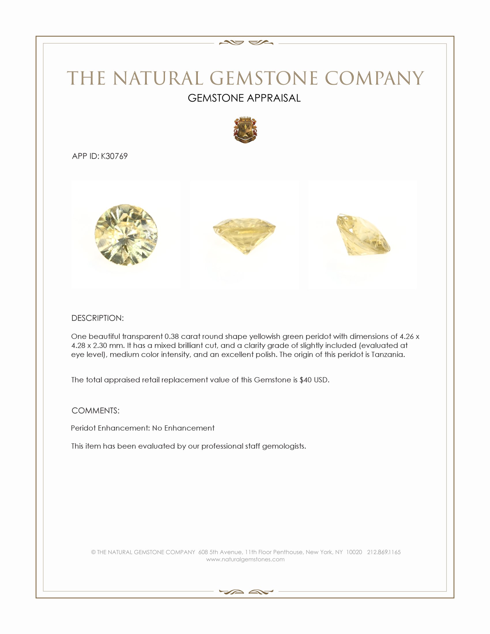 0.38 Ct. Yellowish Green Peridot from Tanzania