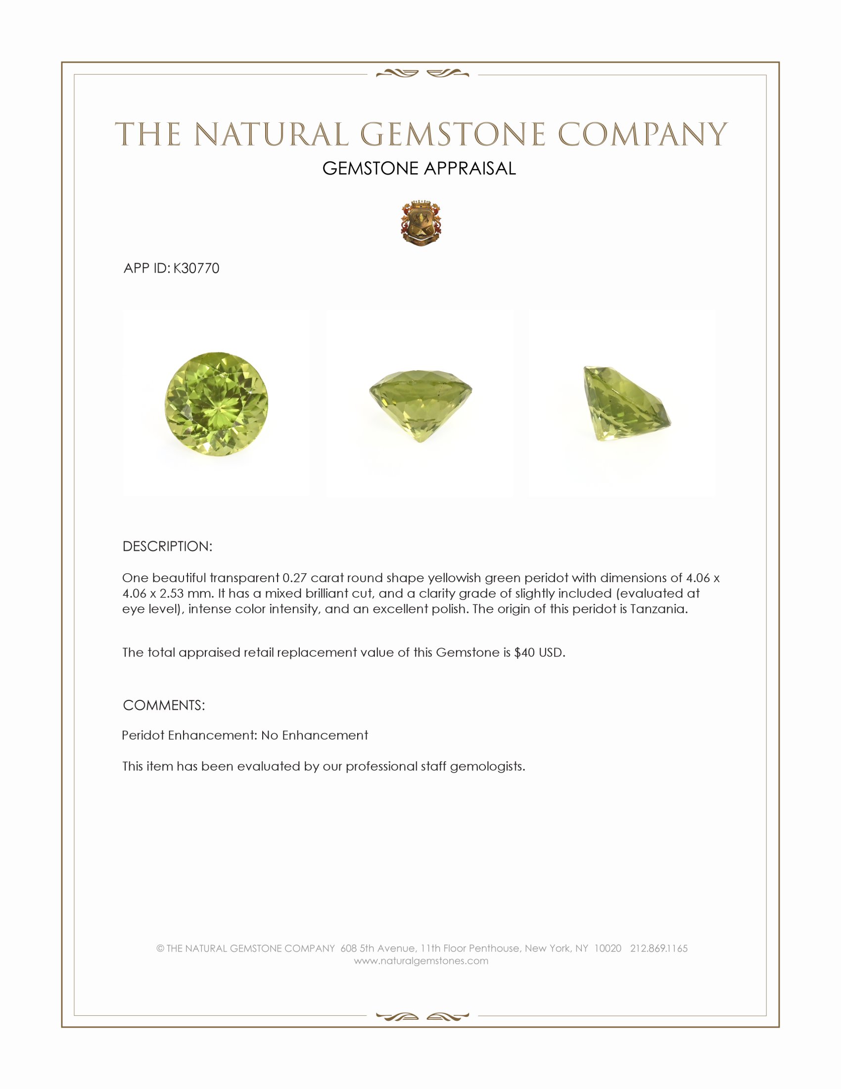 0.27 Ct. Yellowish Green Peridot from Tanzania