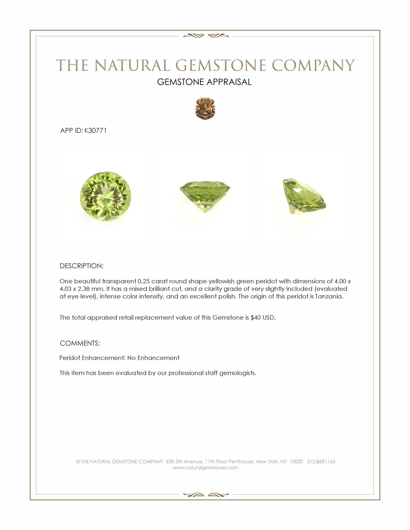0.25 Ct. Yellowish Green Peridot from Tanzania