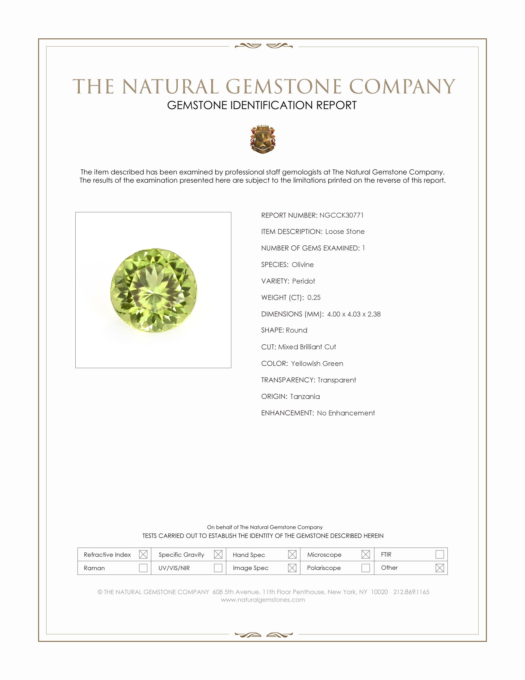 0.25 Ct. Yellowish Green Peridot from Tanzania