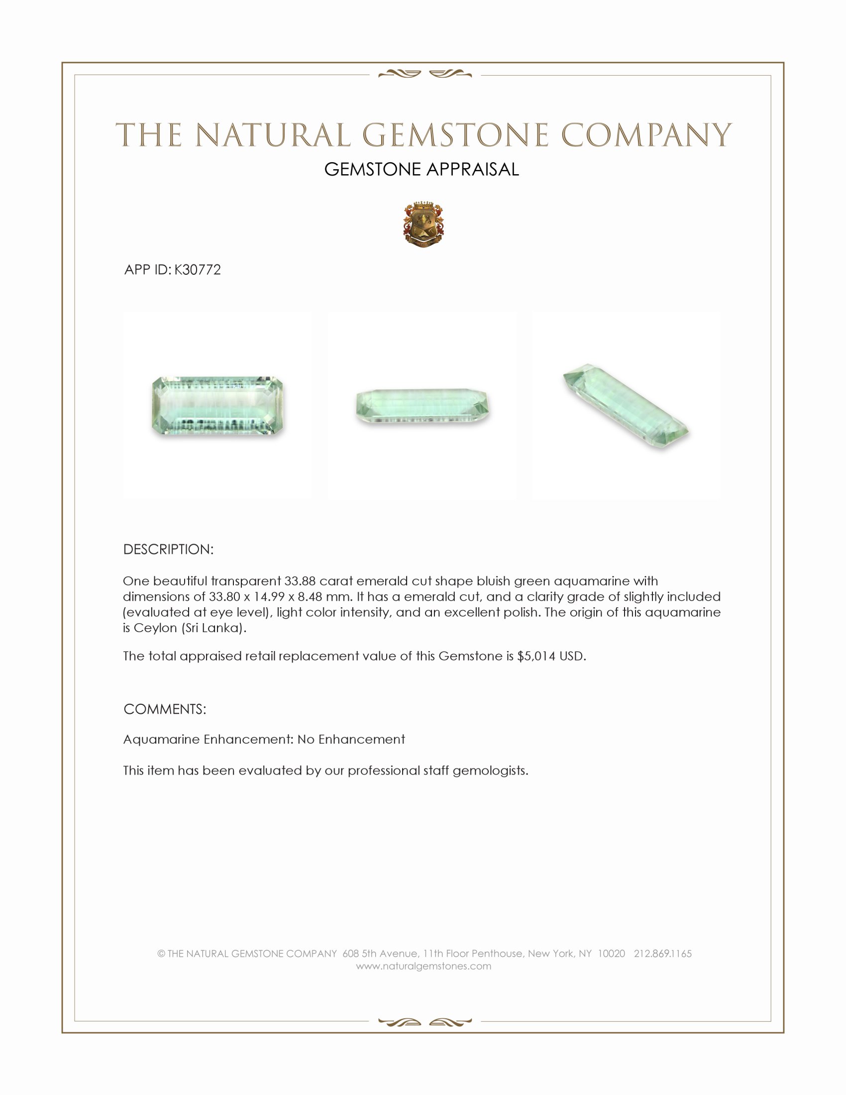 33.88 Ct. Bluish Green Aquamarine from Ceylon (Sri Lanka)