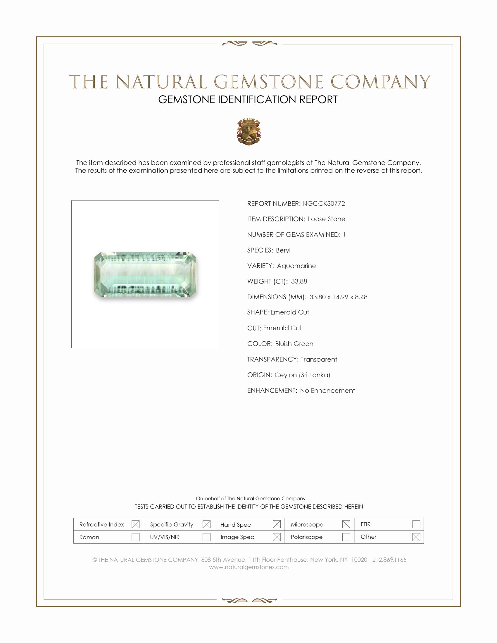 33.88 Ct. Bluish Green Aquamarine from Ceylon (Sri Lanka)