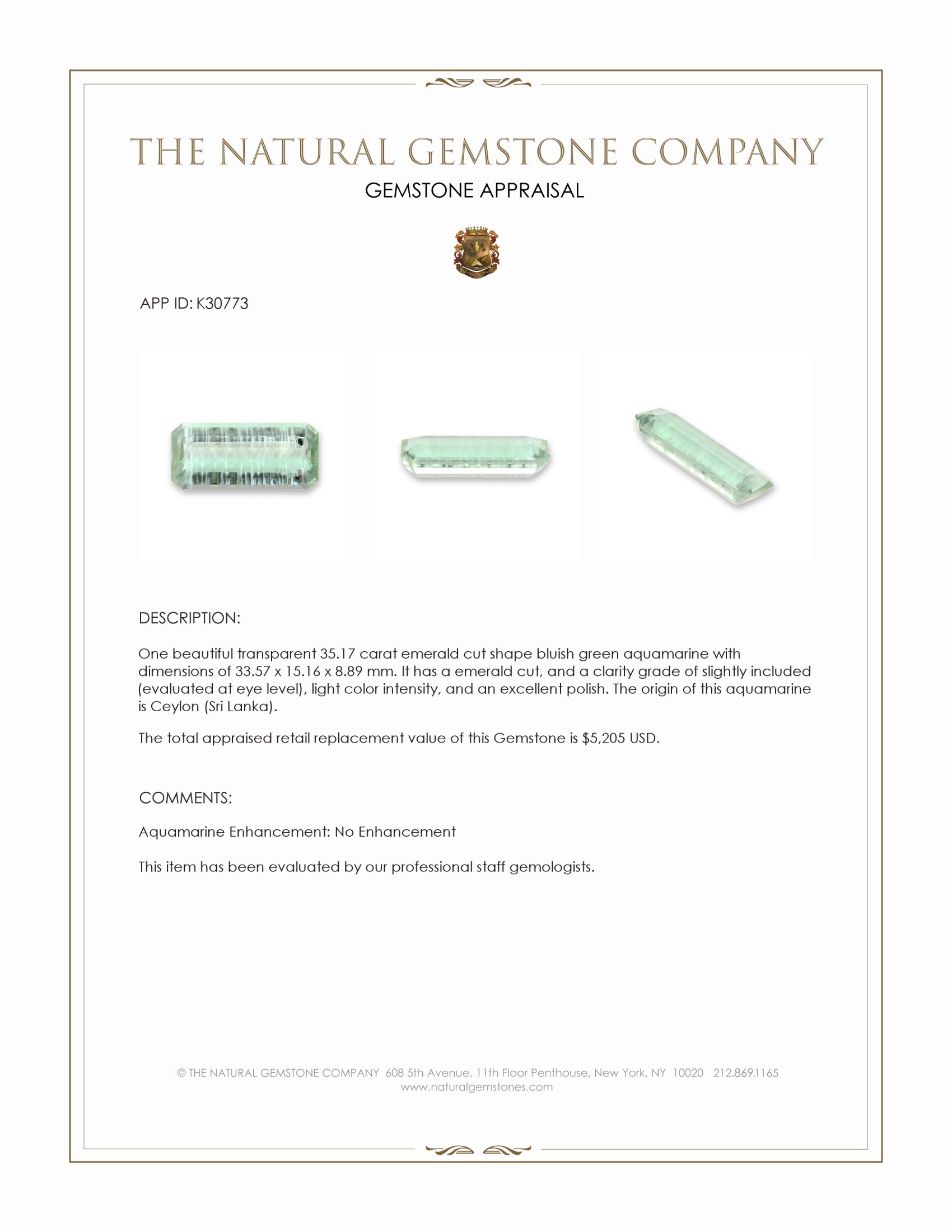 35.17 Ct. Bluish Green Aquamarine from Ceylon (Sri Lanka)