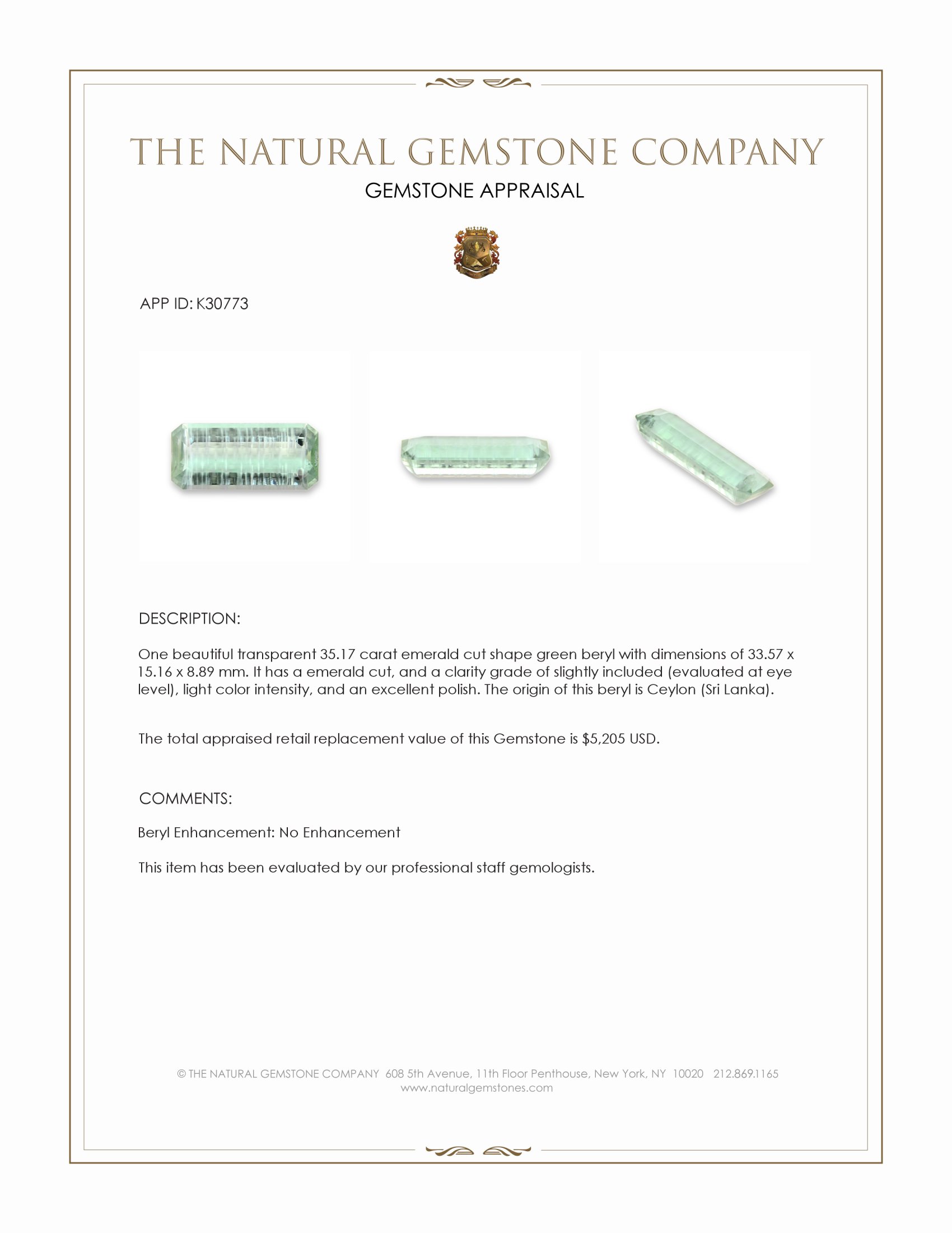 35.17 Ct. Green Beryl from Ceylon (Sri Lanka)