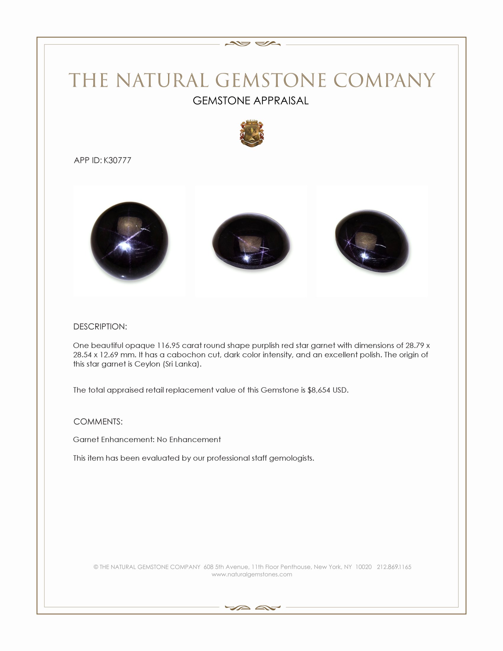 116.95 Ct. Purplish Red Star Garnet from Ceylon (Sri Lanka)