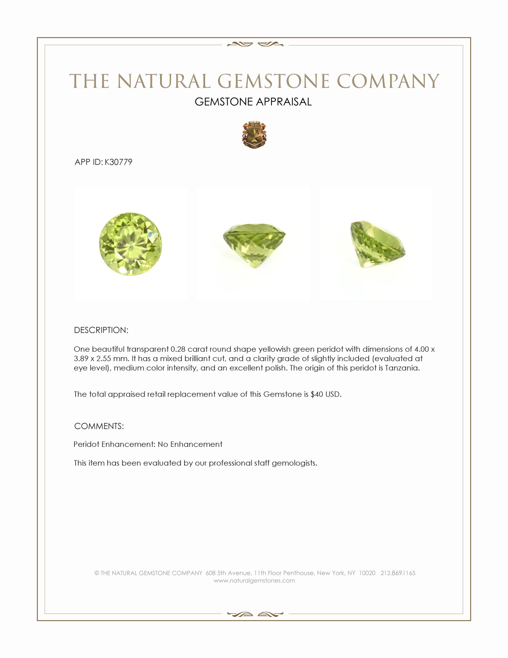 0.28 Ct. Yellowish Green Peridot from Tanzania