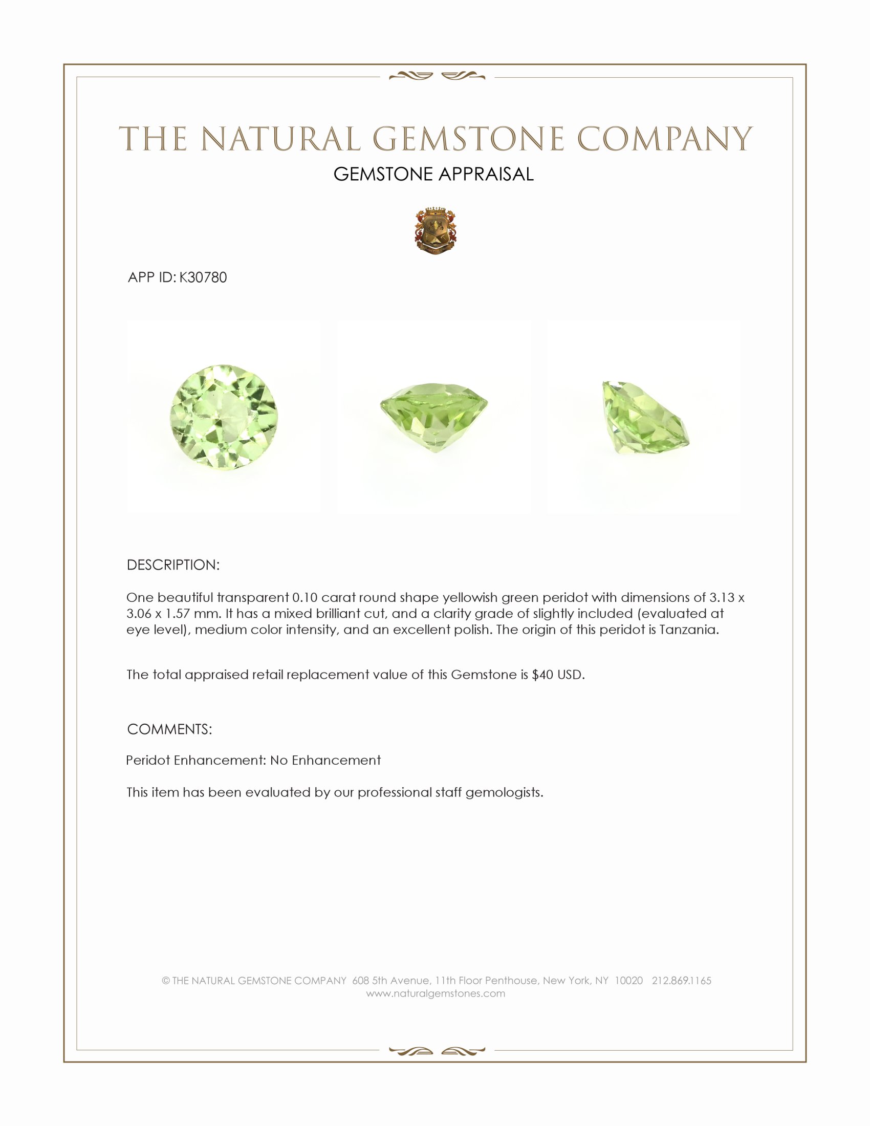 0.10 Ct. Yellowish Green Peridot from Tanzania