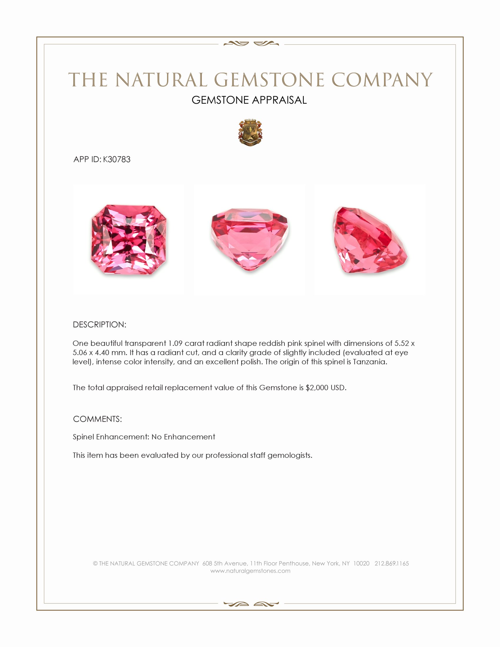 1.09 Ct. Reddish Pink Spinel from Tanzania