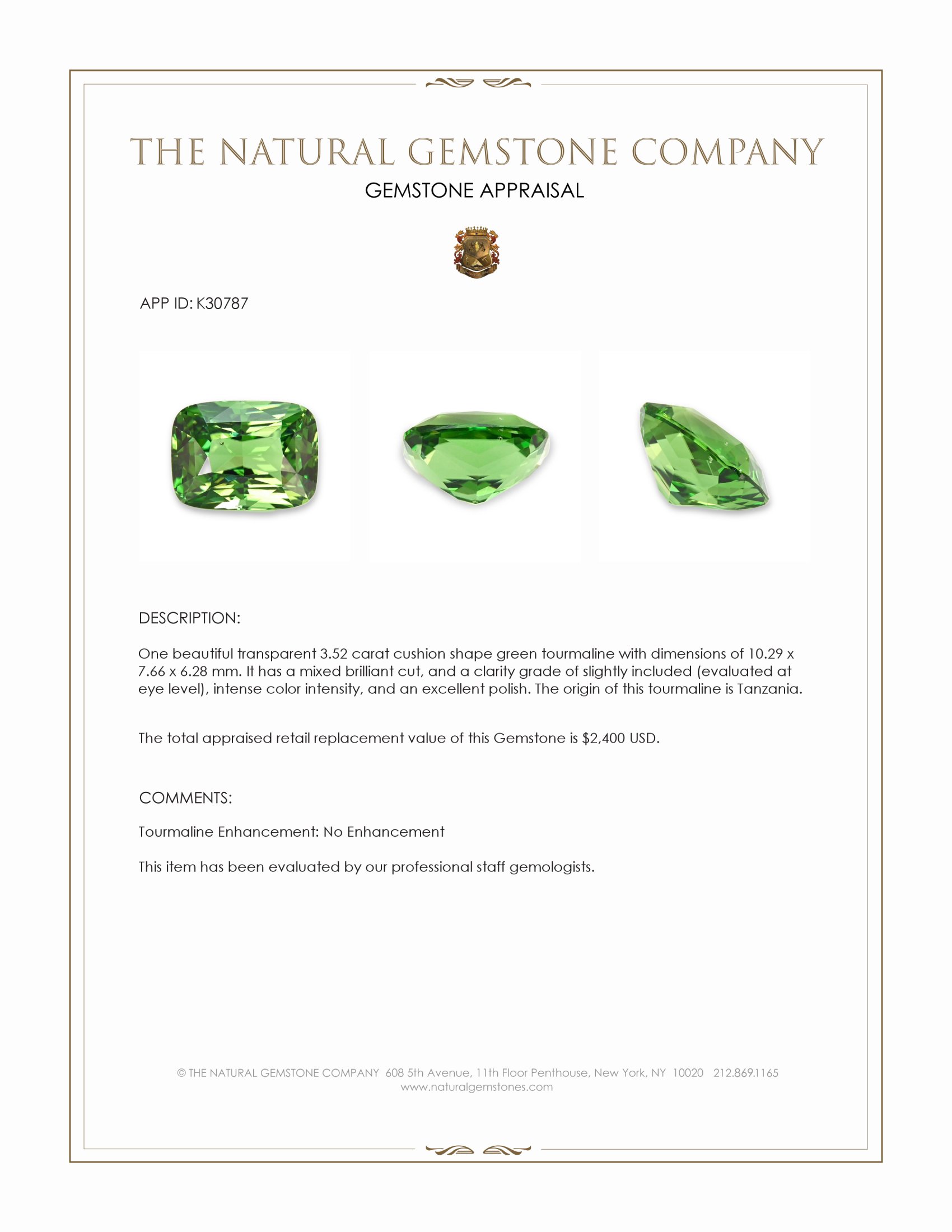 3.52 Ct. Green Tourmaline from Tanzania