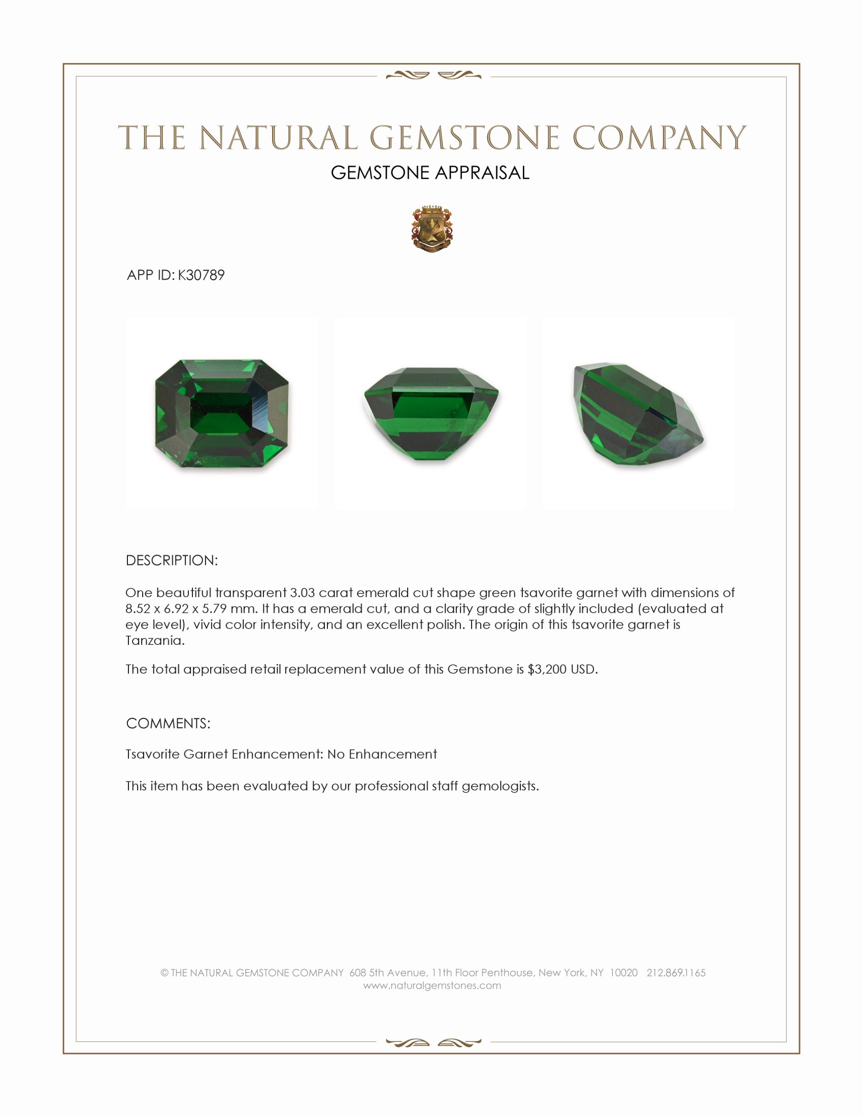 3.03 Ct. Tsavorite Garnet from Tanzania