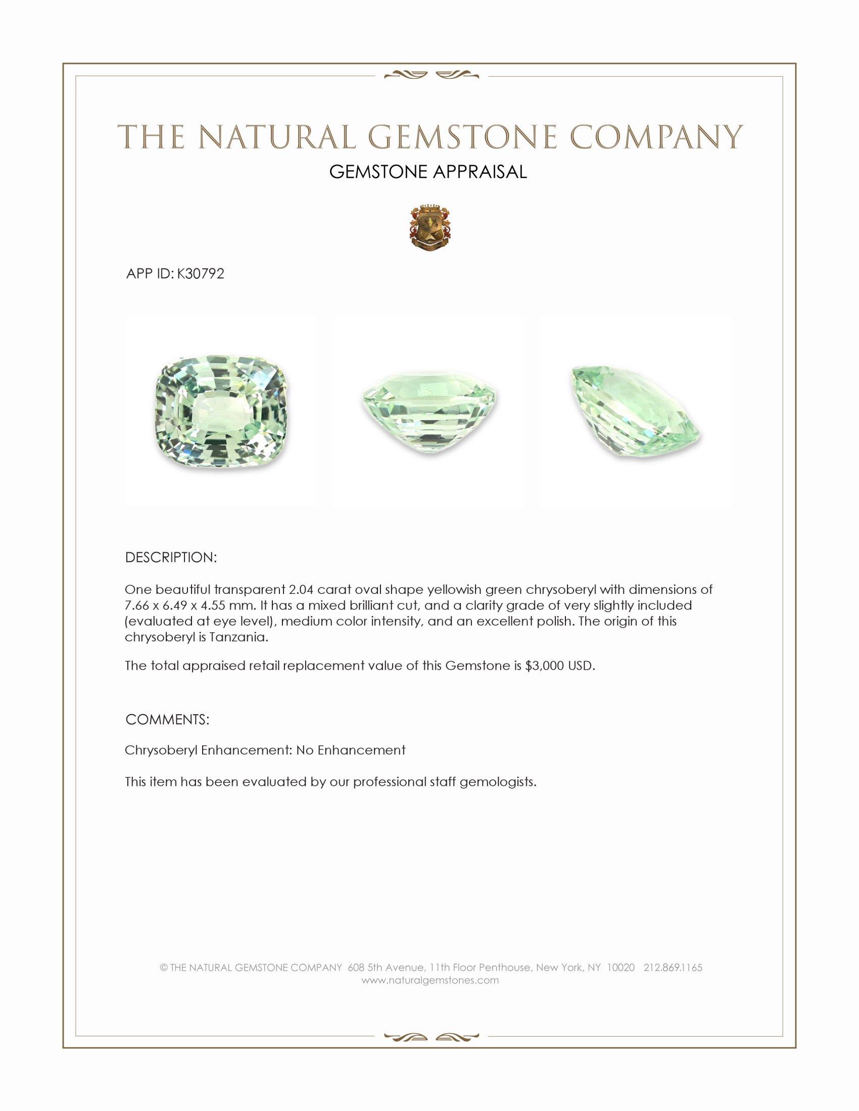 2.04 Ct. Yellowish Green Chrysoberyl from Tanzania