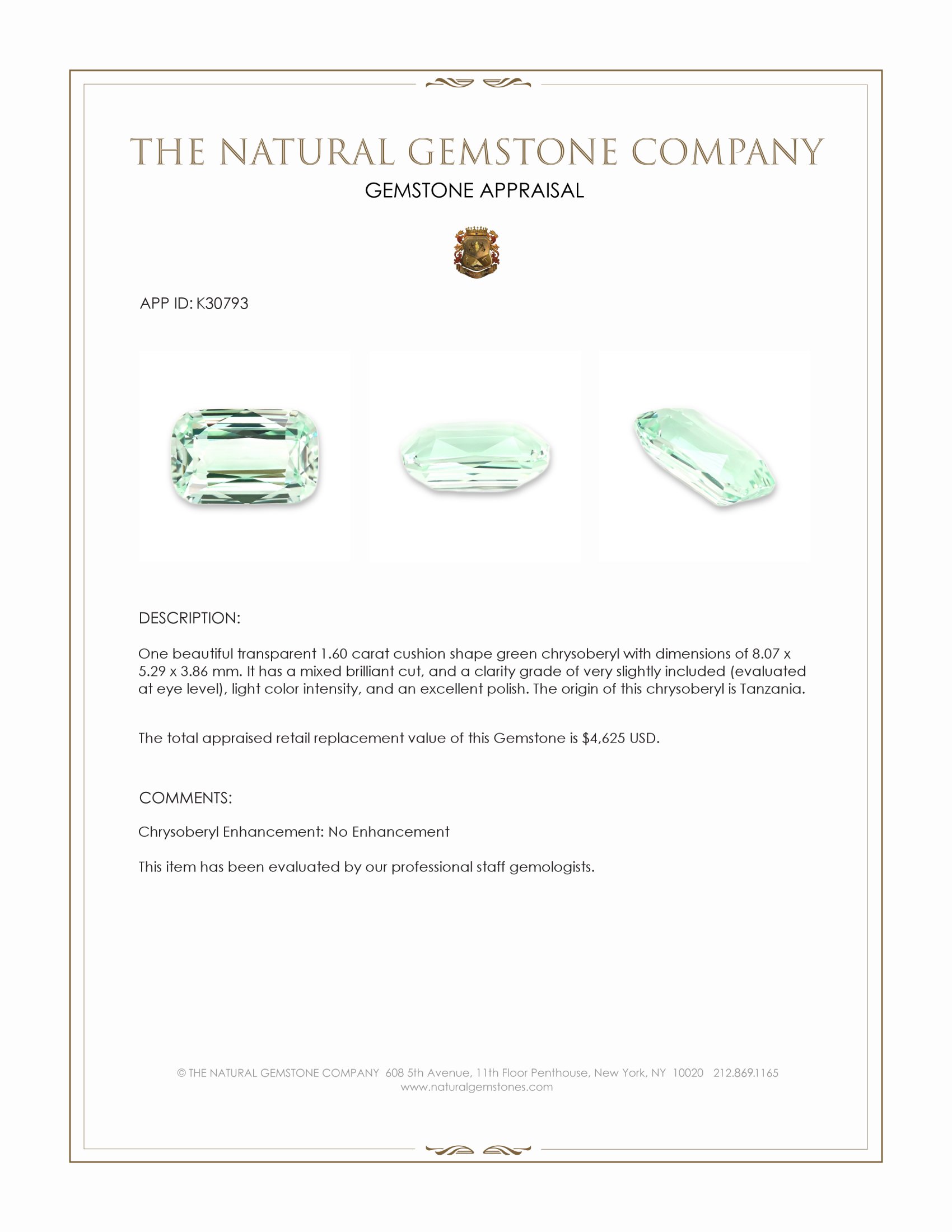1.60 Ct. Green Chrysoberyl from Tanzania