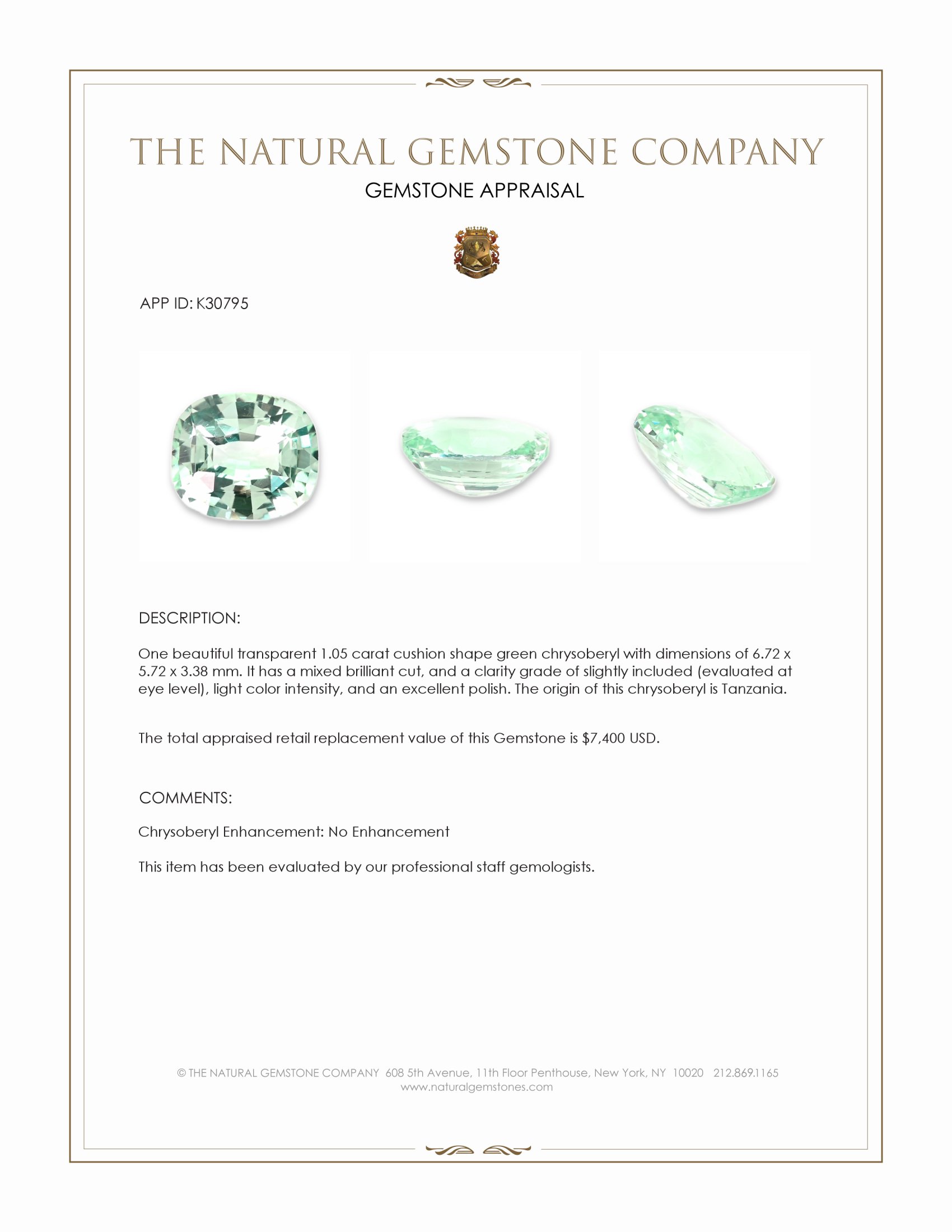 1.05 Ct. Green Chrysoberyl from Tanzania