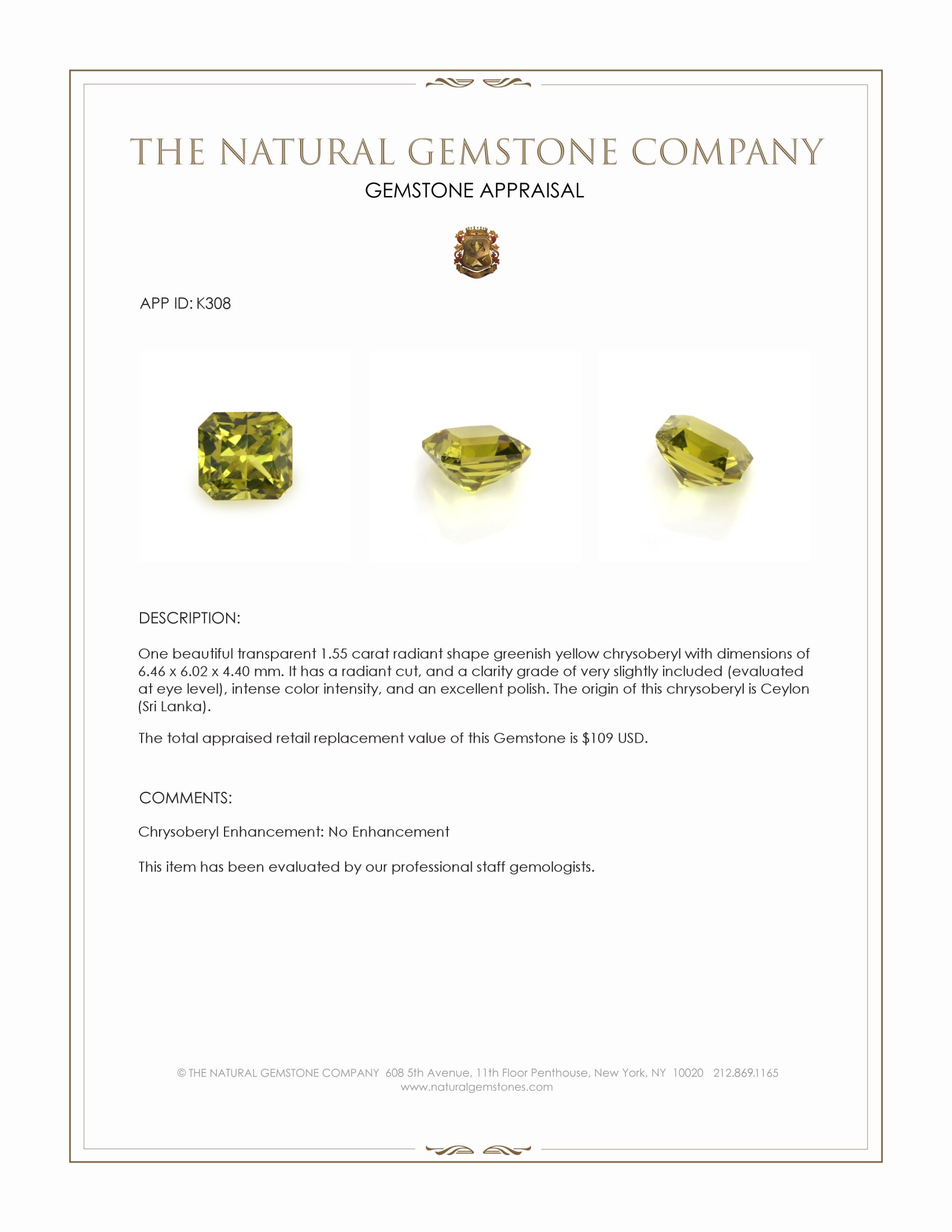 1.55 Ct. Greenish Yellow Chrysoberyl from Ceylon (Sri Lanka)