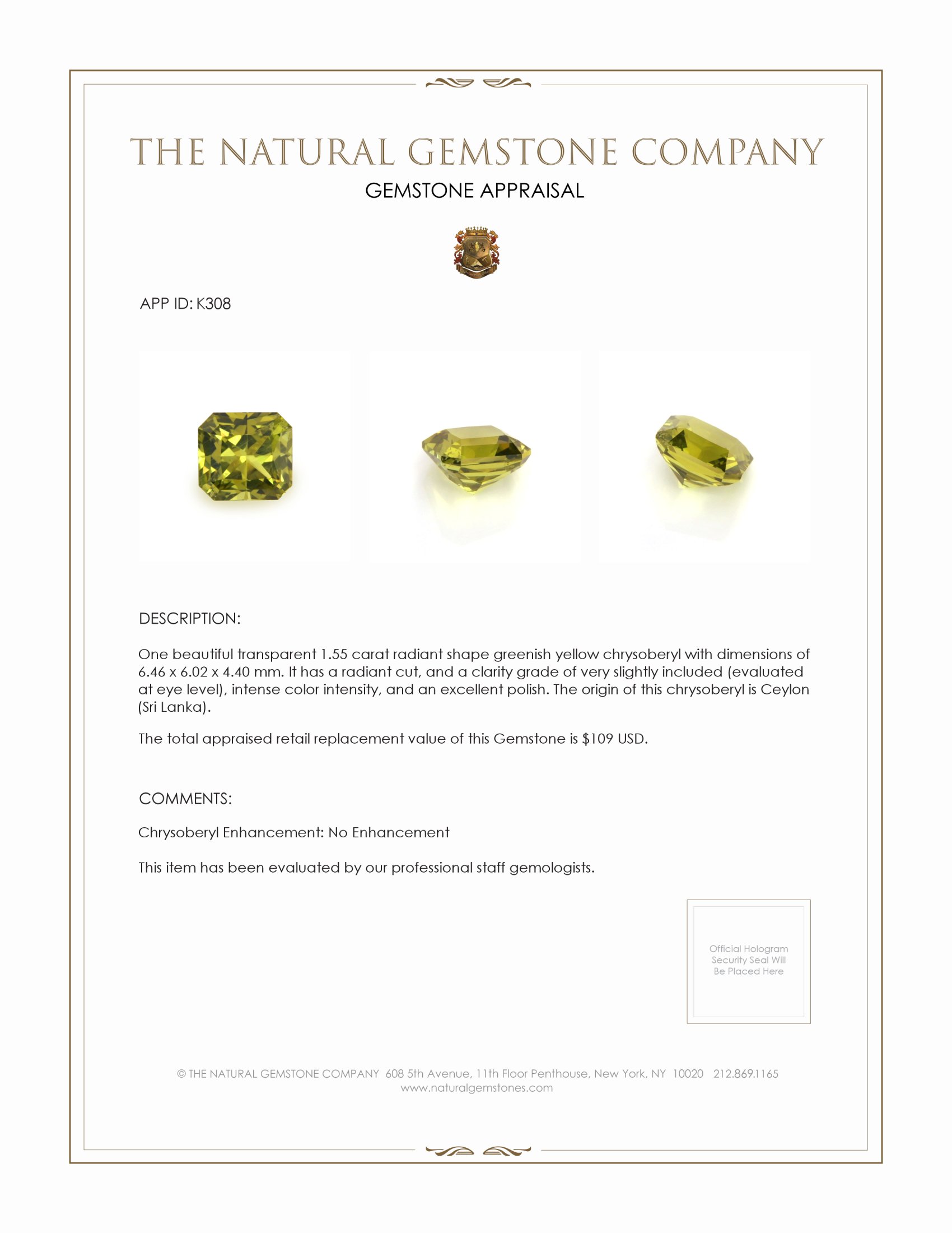 1.55 Ct. Chrysoberyl from Ceylon (Sri Lanka)