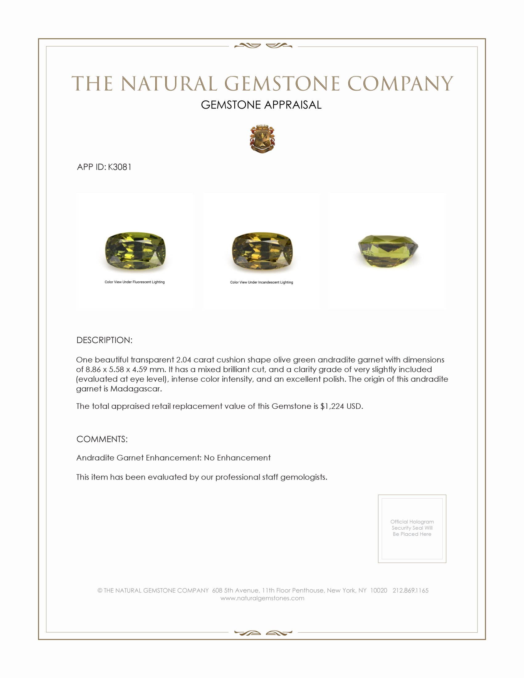 2.04 Ct. Olive Green Andradite Garnet from Madagascar