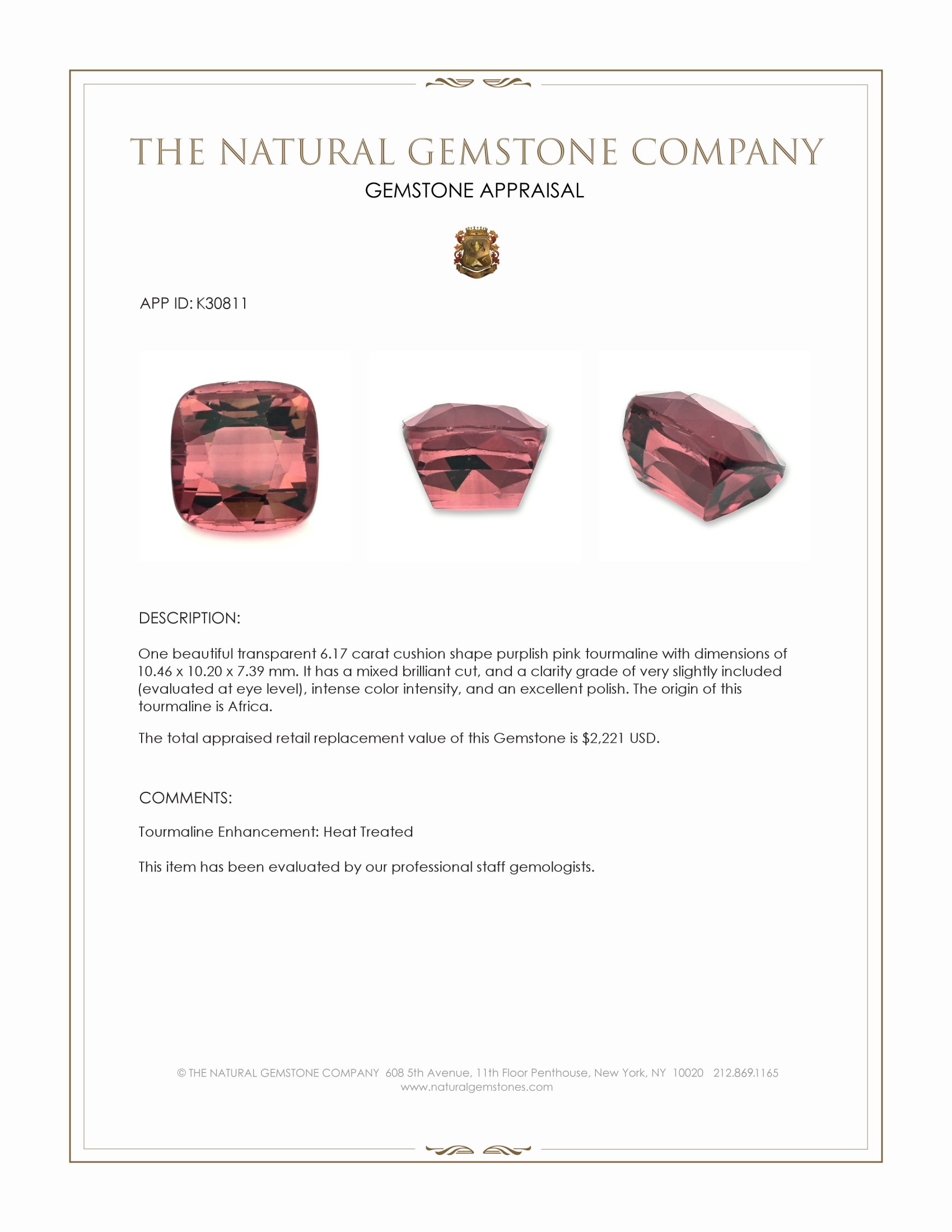 6.17 Ct. Purplish Pink Tourmaline from Africa
