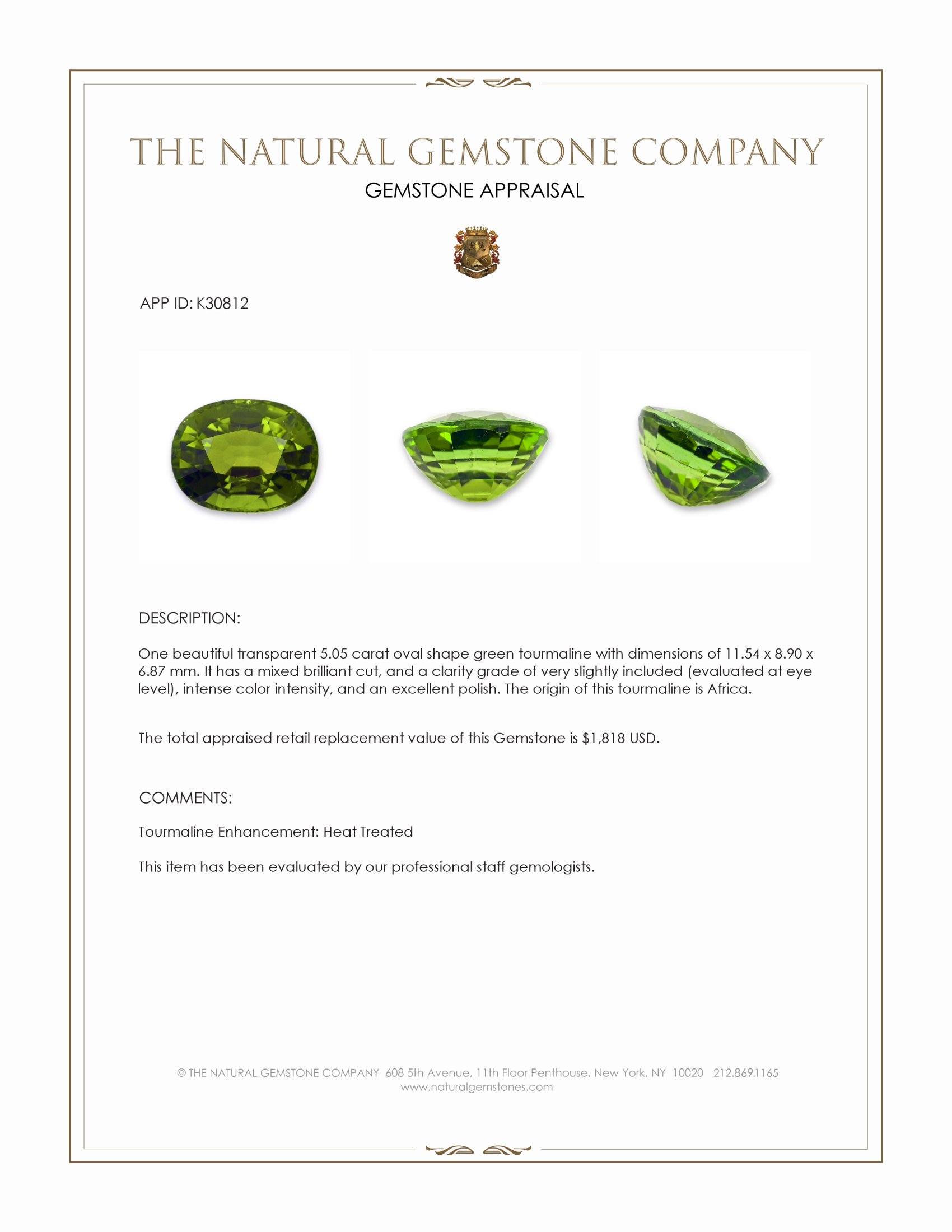5.05 Ct. Green Tourmaline from Africa